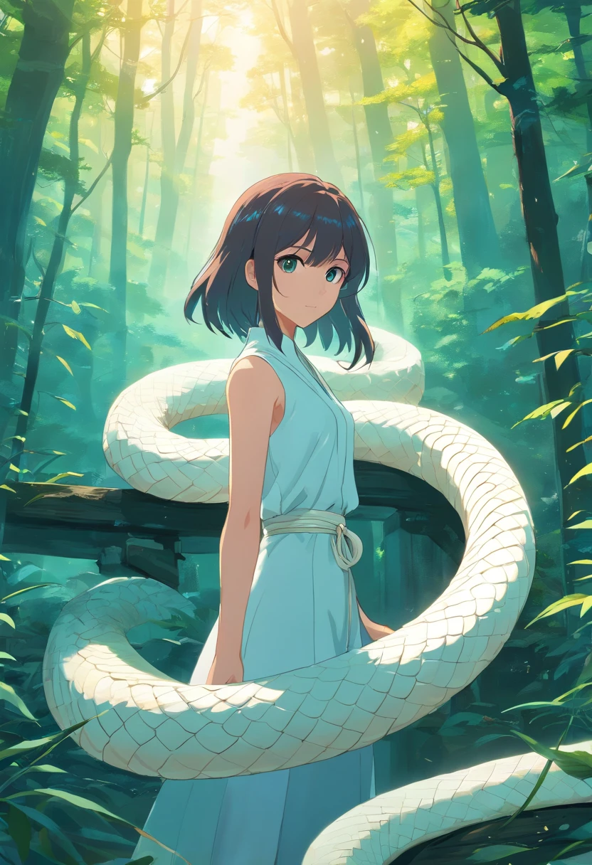 A large white snake slipped away,mystical aura, surreal atmosphere, Forest background,the night,(Chinese folk suspense, terroral, Supernatural comic book style), hyper qualit,hyper HD,4K