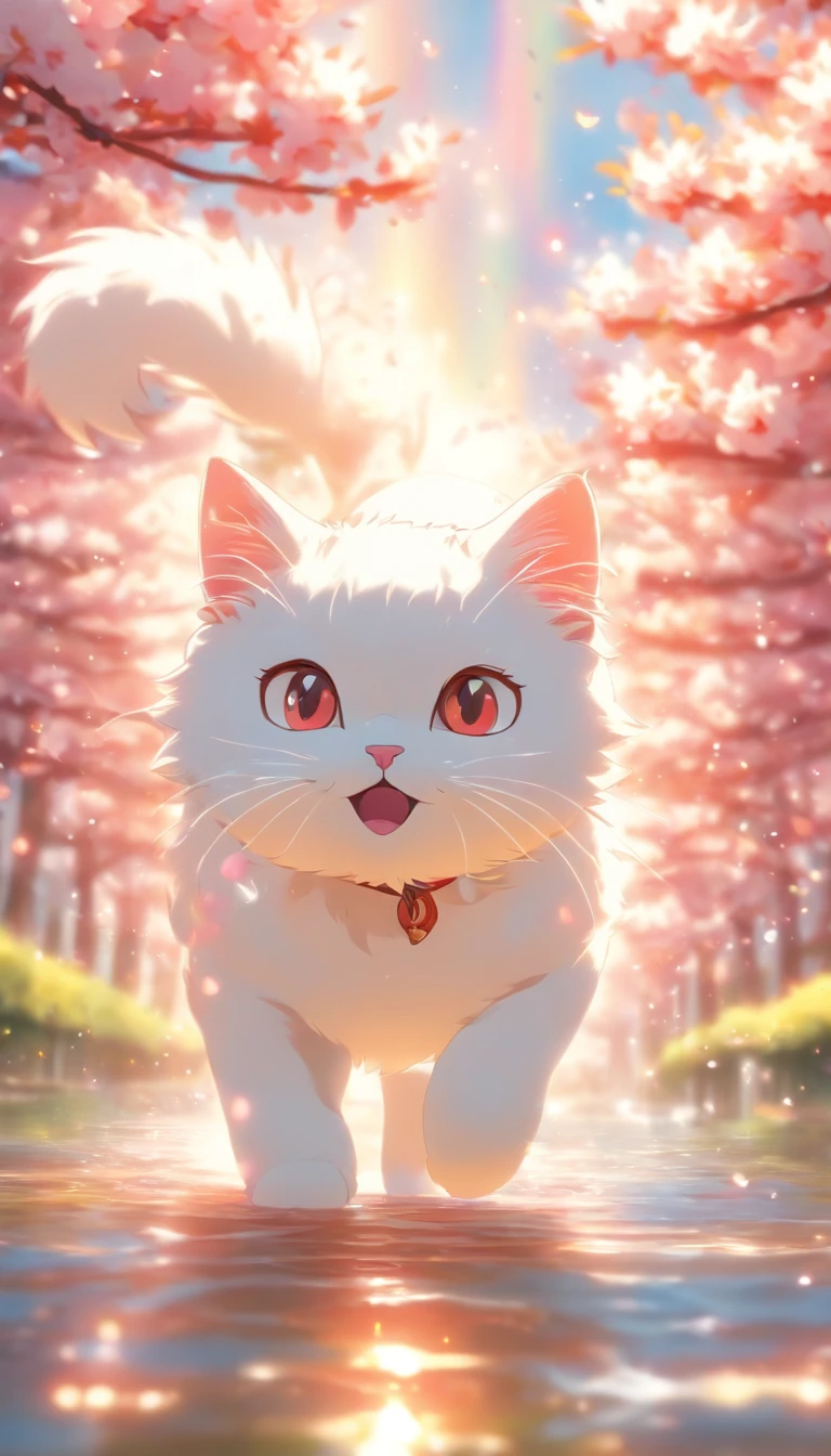 Cartoon white cat, Float in the air, Rainbow back, Around the cherry blossoms, High detail, Cinematic lighting, Motion blur, color difference, hyper HD, Masterpiece, Super detail, High details, High quality, Award-Awarded, Best quality, A high resolution