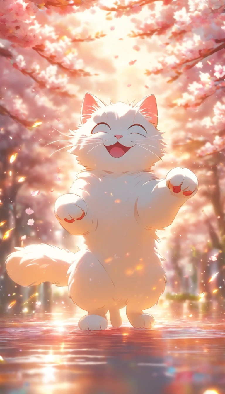 Cartoon white cat, Float in the air, Rainbow back, Around the cherry blossoms, High detail, Cinematic lighting, Motion blur, color difference, hyper HD, Masterpiece, Super detail, High details, High quality, Award-Awarded, Best quality, A high resolution