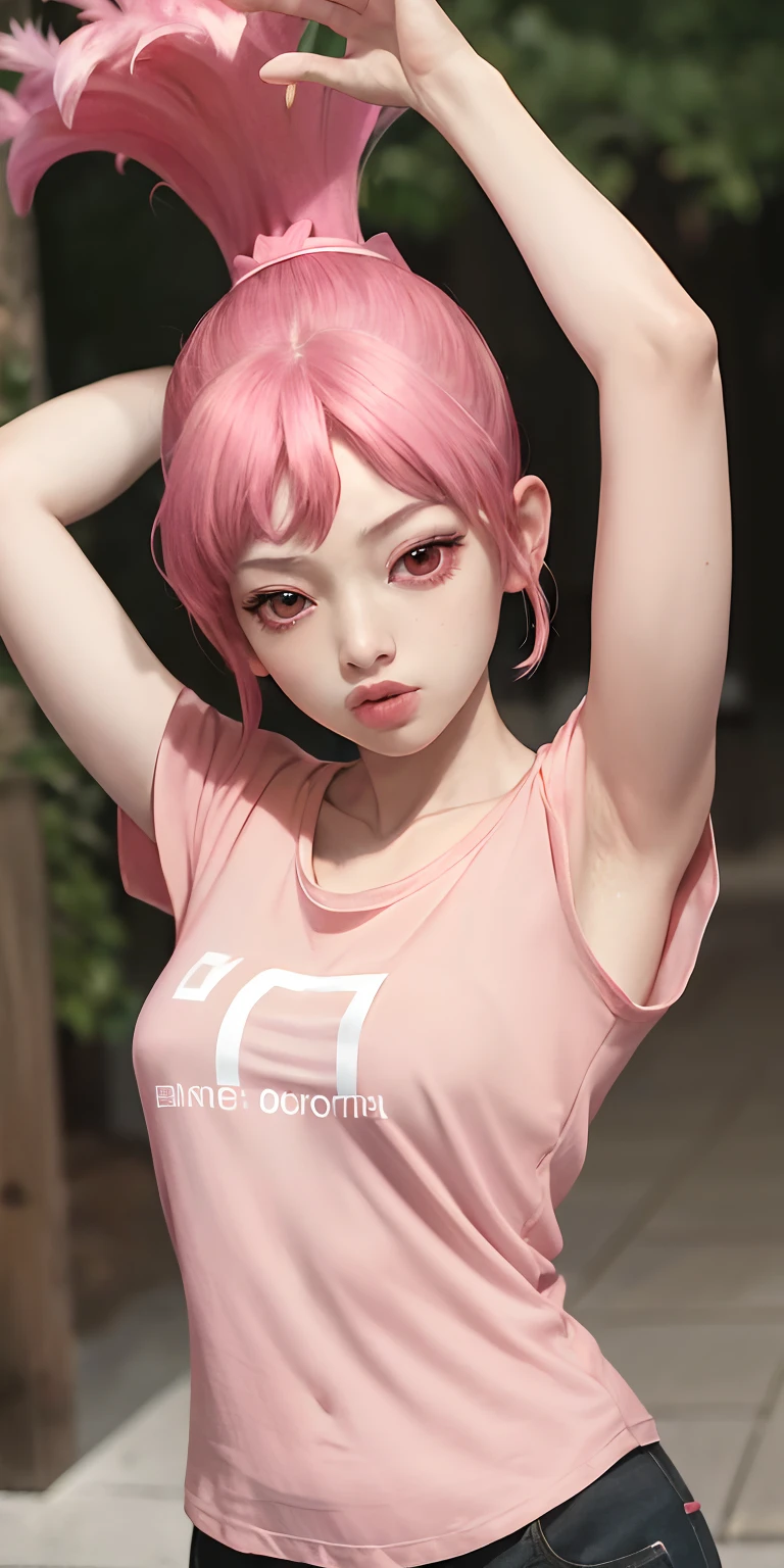 upper body, hamura, 1girl, solo, red eyes, looking at viewer, pink hair, ponytail, lips, t-shirt, arms behind head,