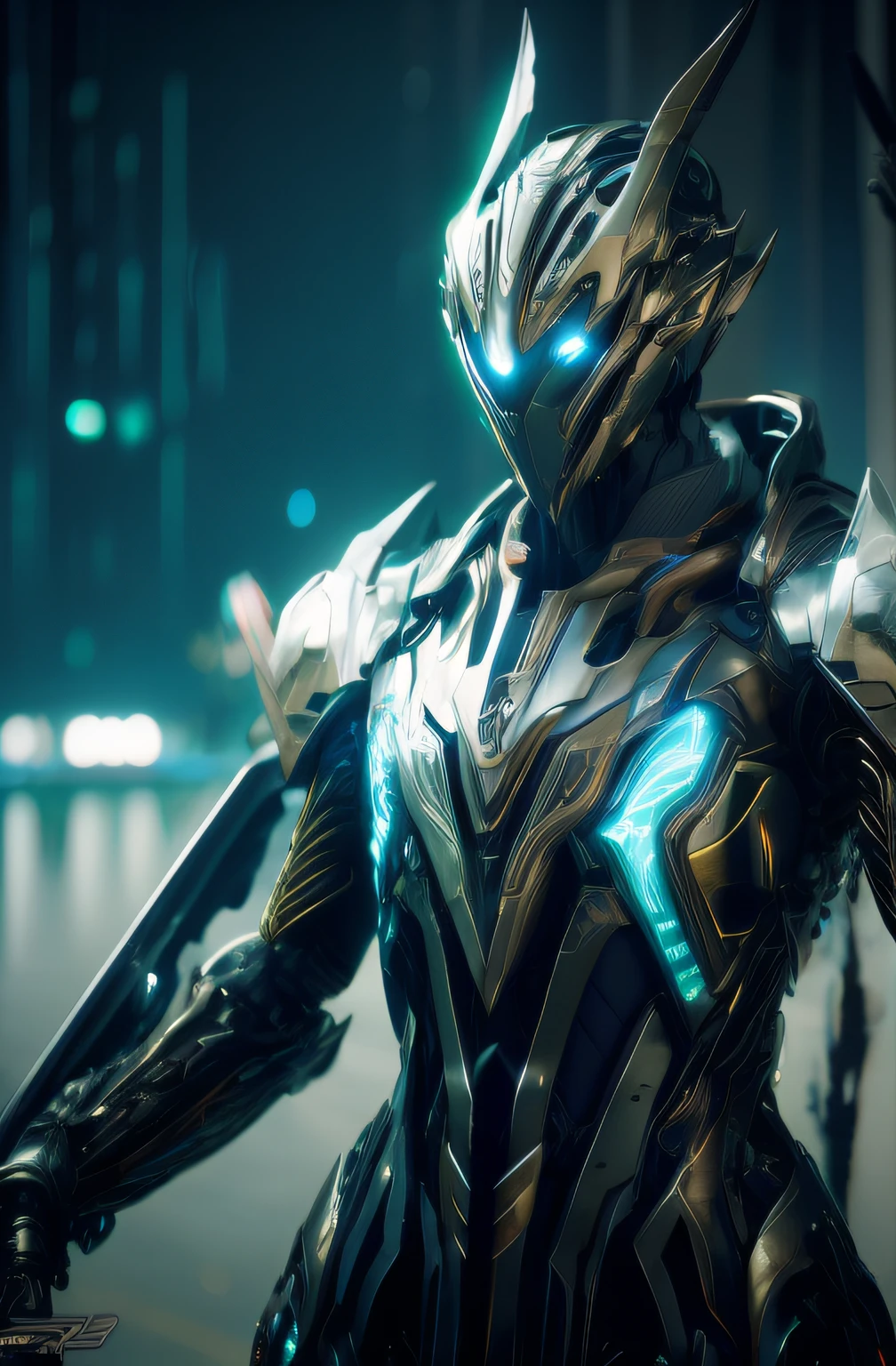 arafed robot with glowing eyes and a glowing arm, cyber suit, movie still of a cool cyborg, Unreal Engine 4K wallpapers, detailed warframe, 4K HD wallpapers very detailed, 4k rendering, 4 k render, intricate glowing mecha armor, warframe armor, movie still of a villain cyborg, high detail 4k render，No hair，full bodyesbian