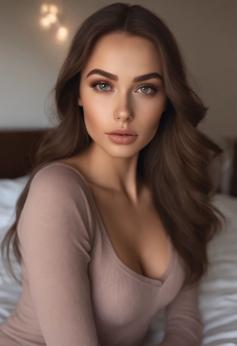 arafed woman fully , sexy girl with brown eyes, ultra realistic, meticulously detailed, portrait sophie mudd, brown hair and large eyes, selfie of a young woman, bedroom eyes, violet myers, without makeup, natural makeup, looking directly at the camera, face with artgram, subtle makeup, stunning full body shot kneeling on bed, in bedroom, medium to large size bust