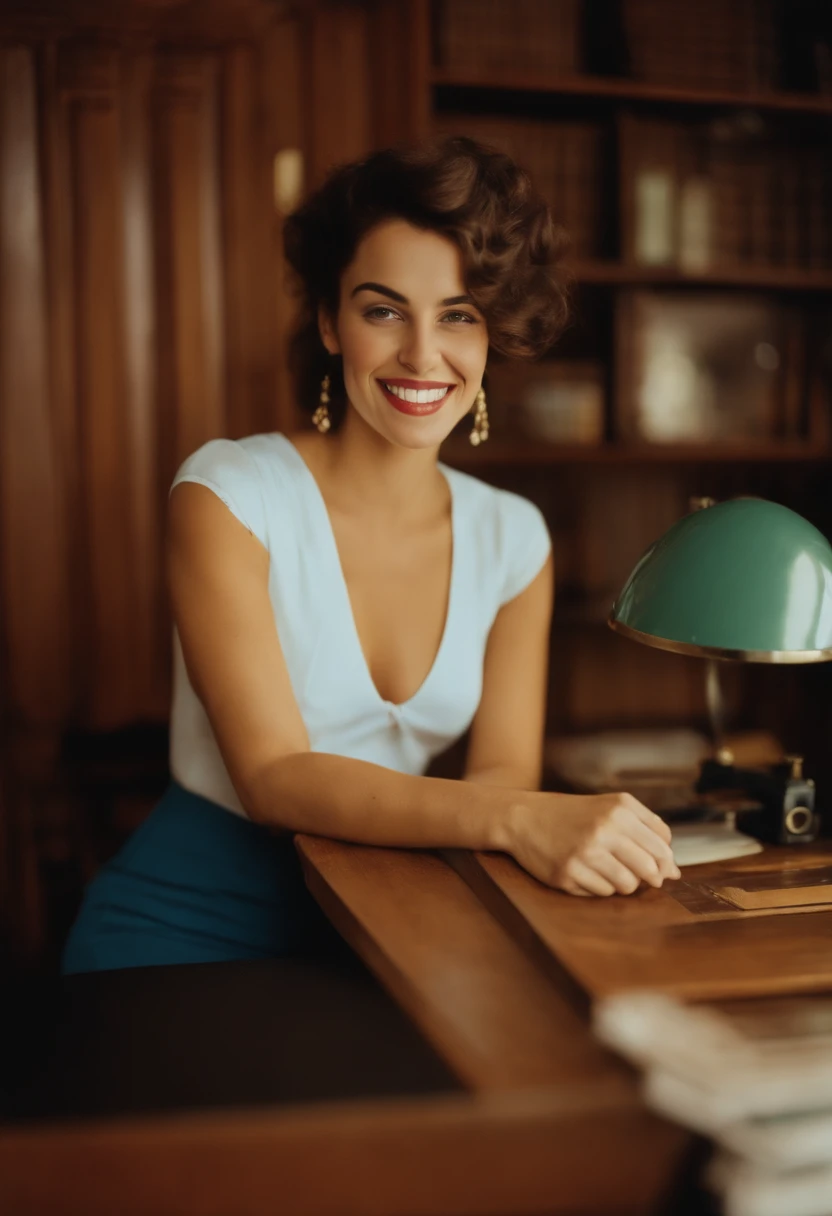 Kodak disposable camera photo of a beautiful woman, sourire suggestif, assis dans un bureau, vintage, ancien filtre