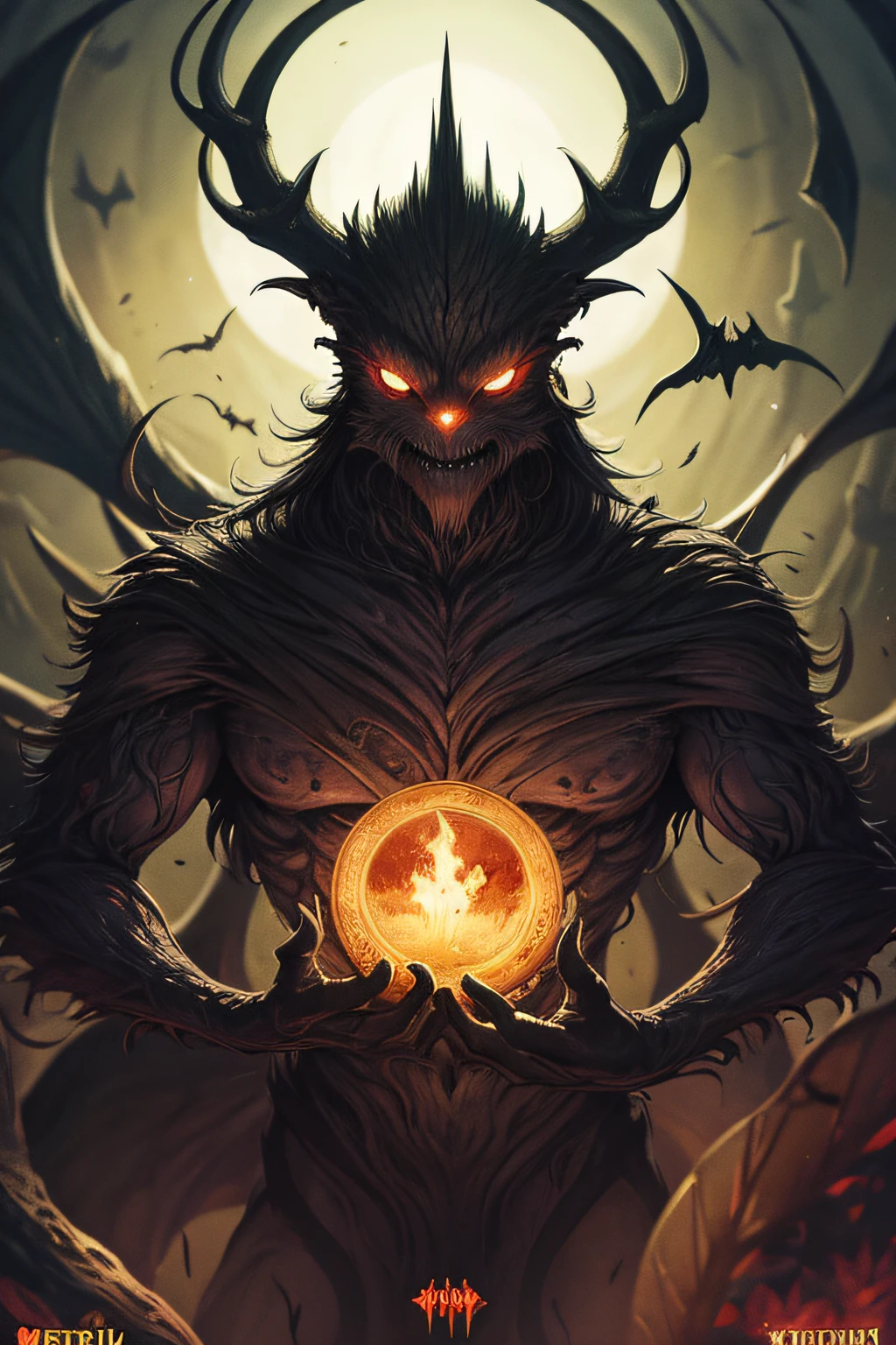 pintura de um monstro em uma floresta com uma luz amarela, fiend folio, criatura sinistra escondendo detalhado, one a demon - like creature, one a demon-like creature, Magic the Gathering Card Art, Chtulhu, an ominous fantasy illustration, Wendigo, Escuro, MTG Arte, magic the gathering concept art, unholy abomination, criatura assustadora, sozinho