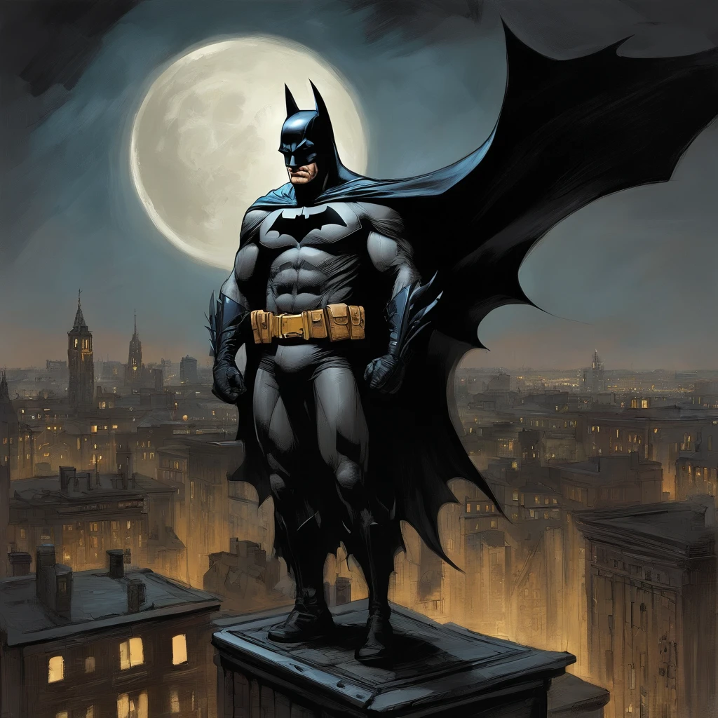 Batman standing on the rooftops of a city with a full moon in the background, Portrait de Batman, Portrait de Batman, Style artistique DC Comics, par Brian Thomas, Le Batman, DC Art, In the Batman comic book, Batman Mecha, Portrait Batman Ancienne Bible, Gotham City, Batman cyberpunk, Ordonnance, Overnight in Gotham City, Survol de Dark Gotham, inspired by Rudy Siswanto