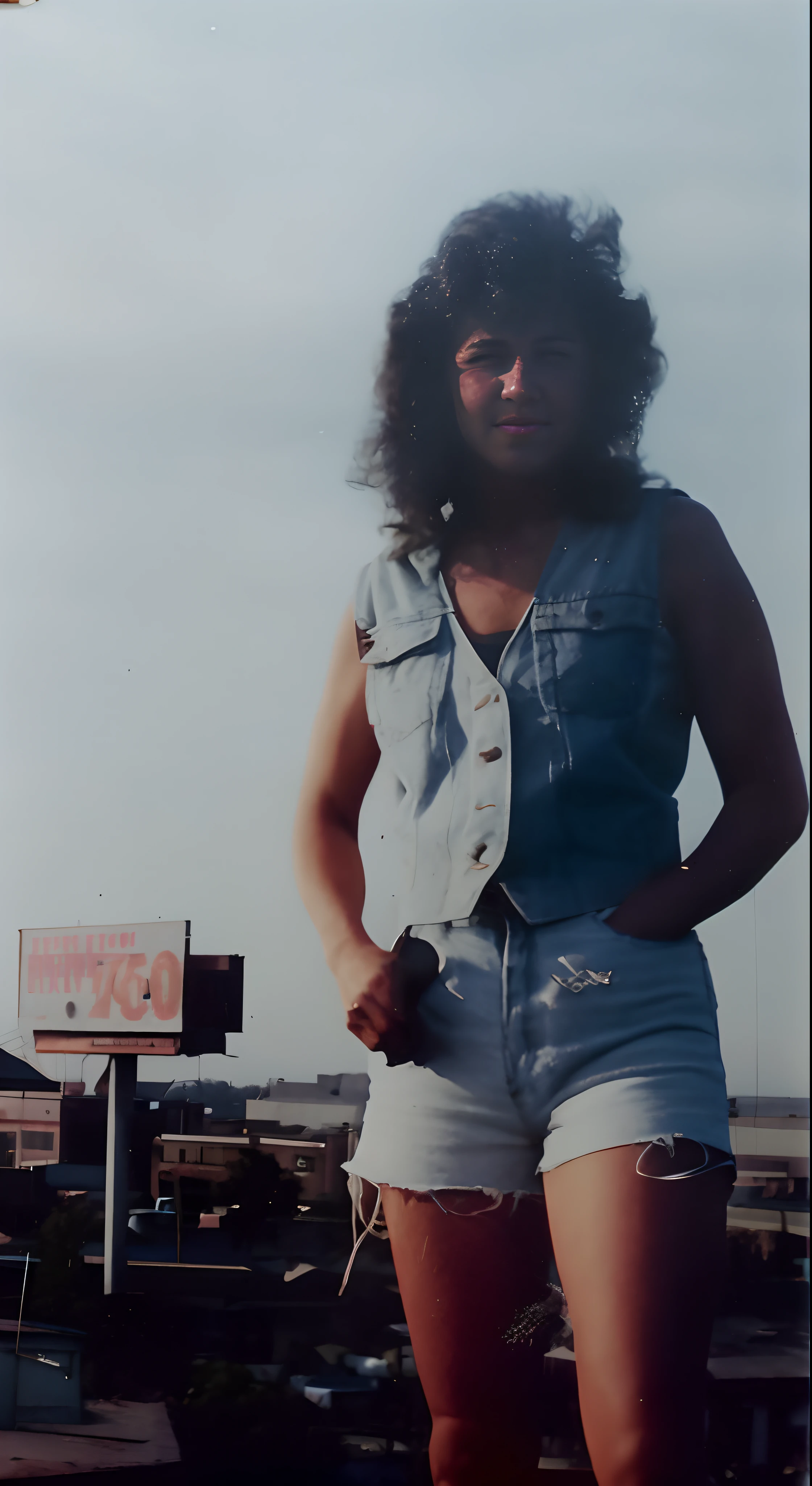 Woman in denim vest and shorts standing on a roof, foto dos anos 80, cerca de 3 5 anos, tiradas no final dos anos 1980, taken in the early 1990s, em torno de 1 9 anos, Foto anos 80, selena quintanilla perez, em 1 9 8 5