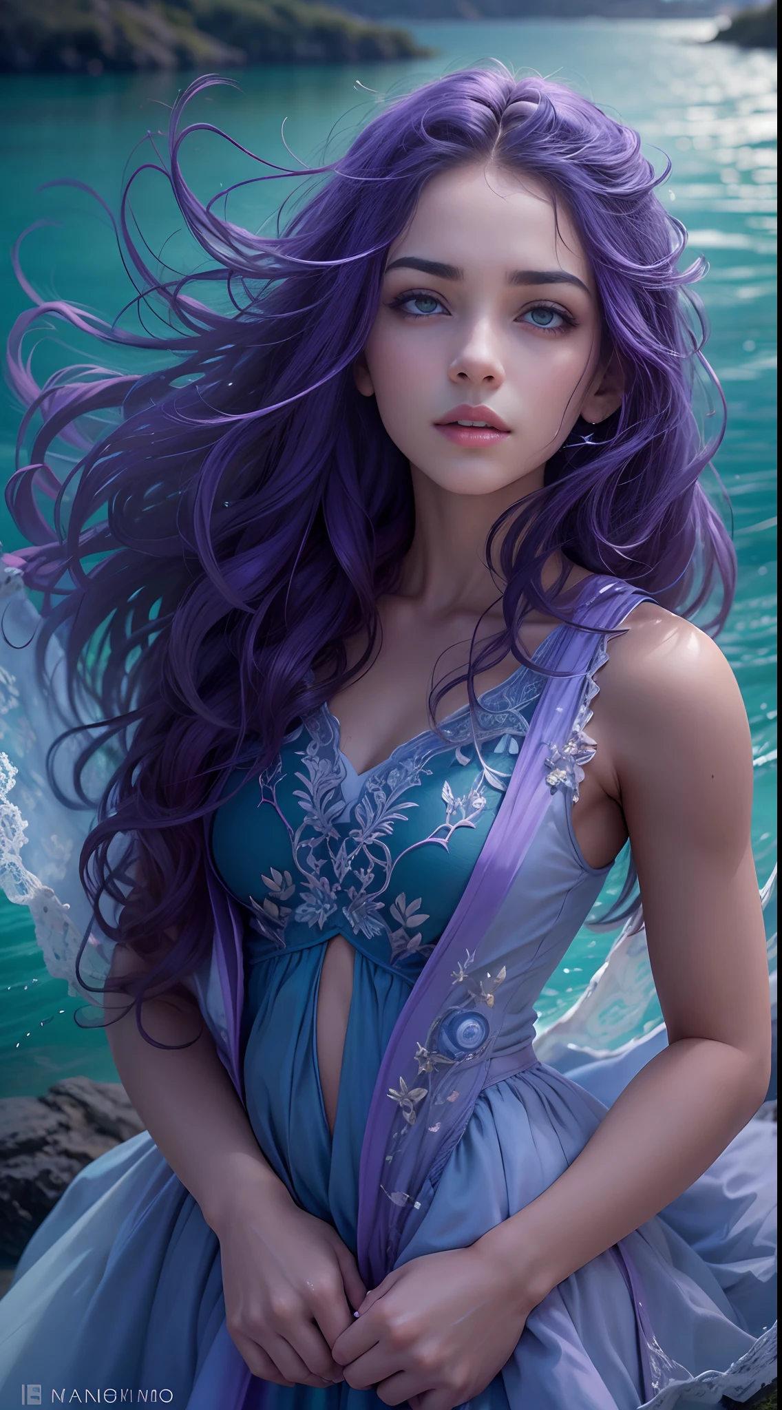 Porter de filme de fantasia, Menina que caminha em um lago na magia, cabelo roxo/lilac, Water energy, water dominator, Vestido prateado, linda, blue water, lago escuro, blue water, vestido de couro branco/prata,(Beautiful and detailed eye description),(manos:1.4),motor irreal:1.4,UHD,La mejor calidad:1.4, fotorrealista:1.4, textura de la piel:1.4, obra maestra:1.8,