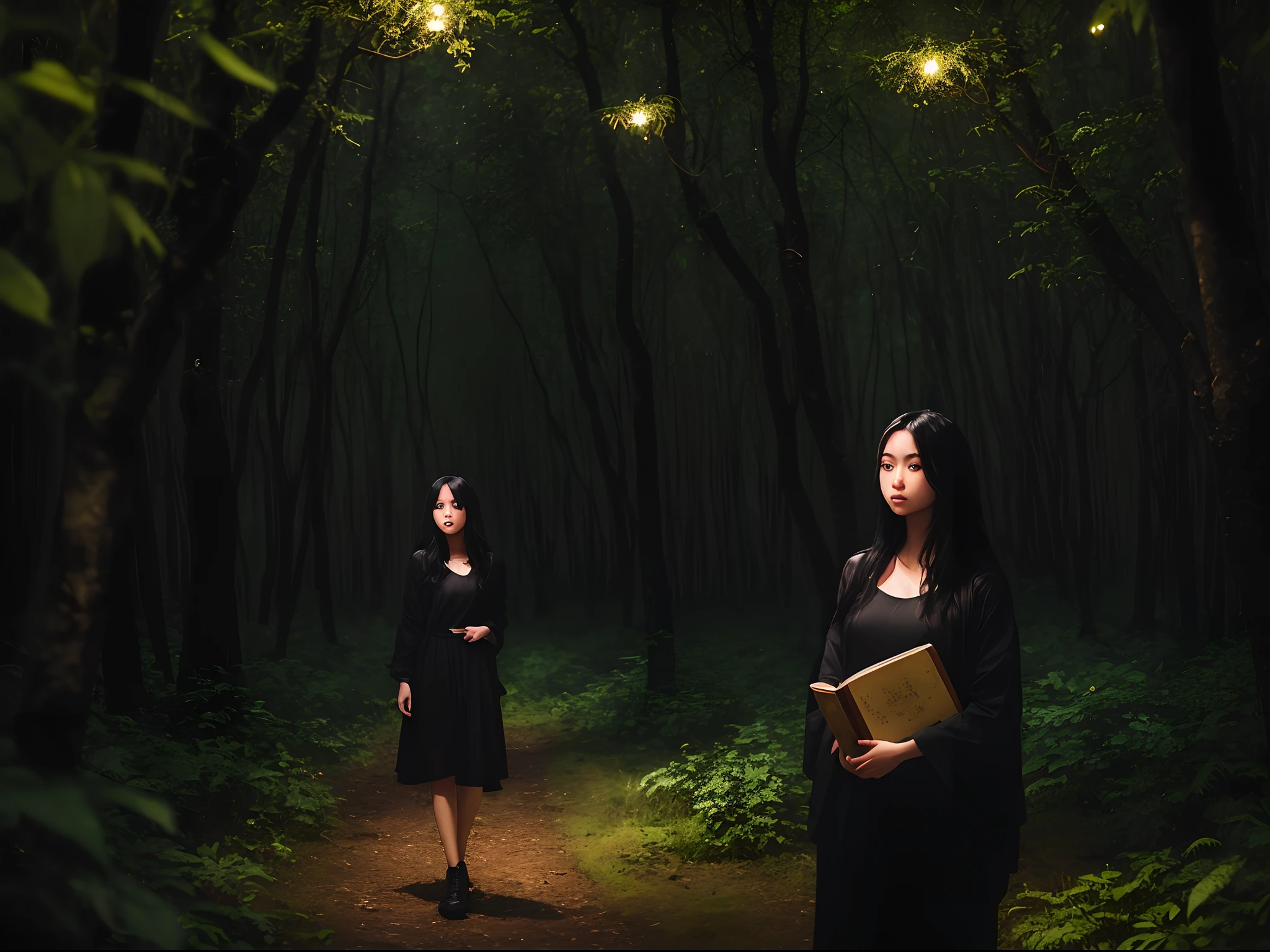An 18 year old girl, she’s half Asian and half French. She has long black hair and green eyes. She wears a stylish black outfit. She stands in the middle of a lush green forest at night and is surrounded by fireflies. She holds a large, old book.