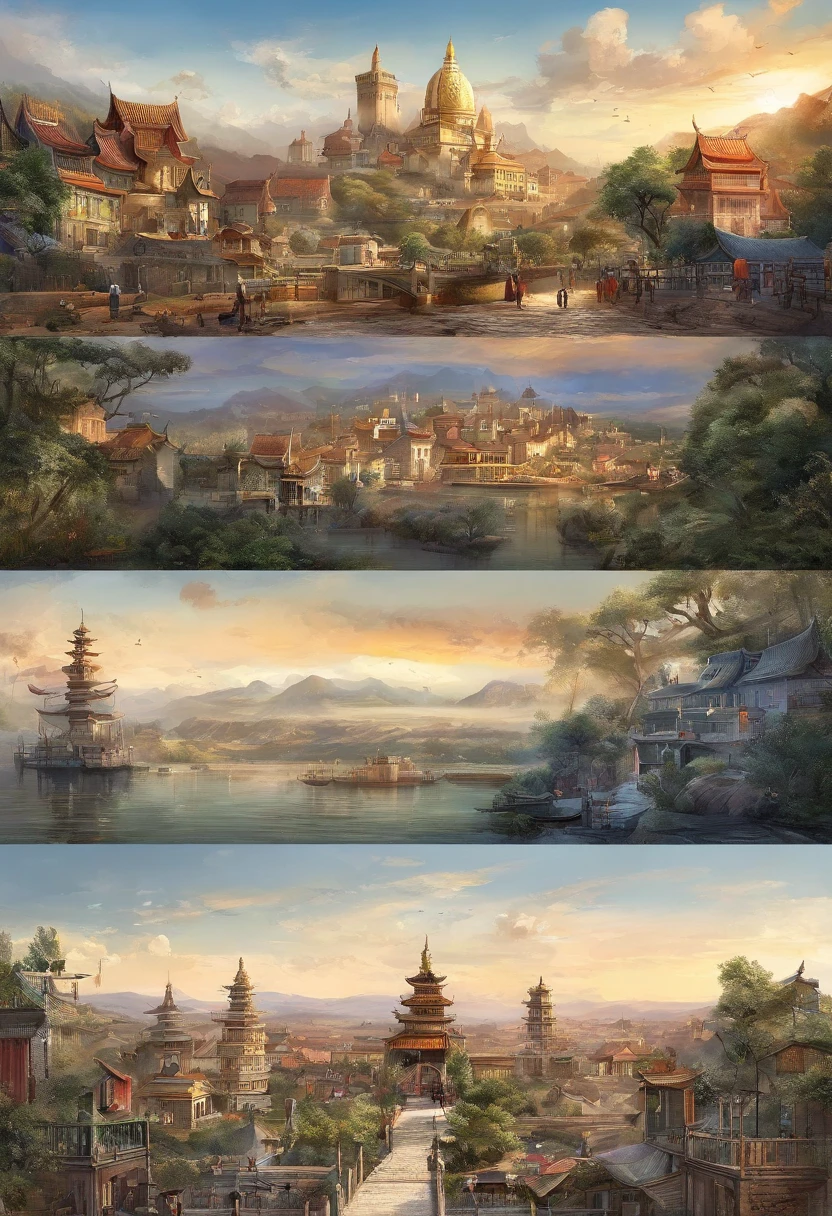 (((Comic storyboard))),comic strip,Two-dimensional picture,Manhwa Style,Makoto Shinkai animation style,Makoto Shinkai animation film art style,Ultra-wide angle of view,China-style,a town with beautiful scenery,Faraway view,Vivid and bright colors,super-fine,ultra - detailed,high qulity,8K ,oc rendered,dynamic viewing angle,Hyper Real,Ultra photo realsisim