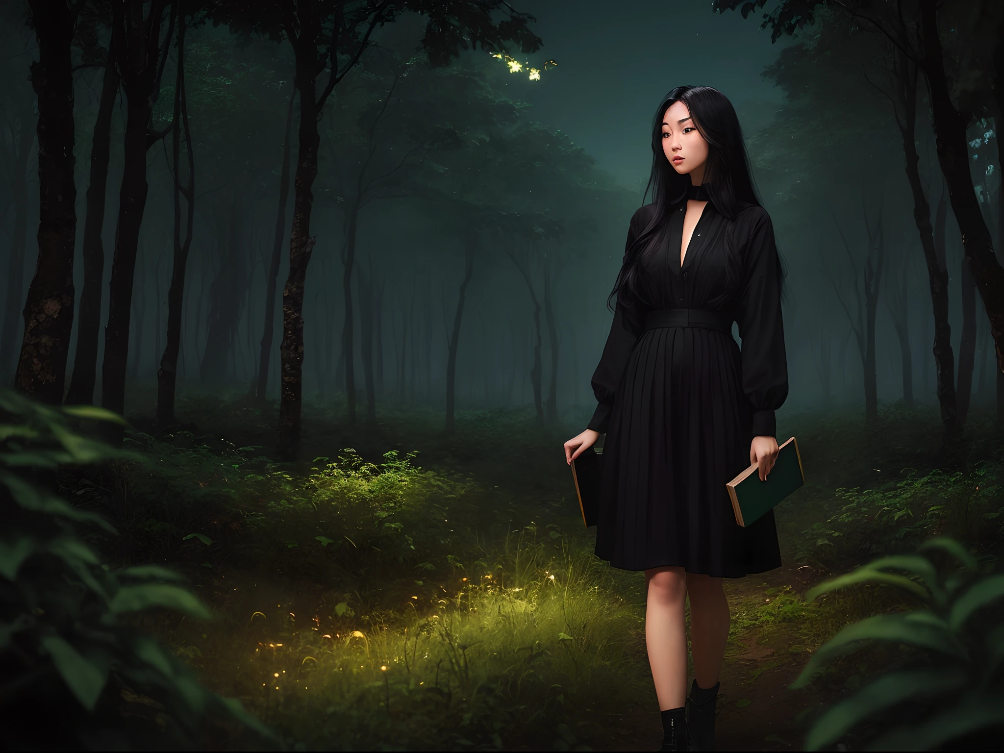 An 18 year old girl, she’s half Asian and half French. She has long black hair and green eyes. She wears a stylish black outfit. She stands in the middle of a lush green forest at night and is surrounded by fireflies. She holds a large, old book.
