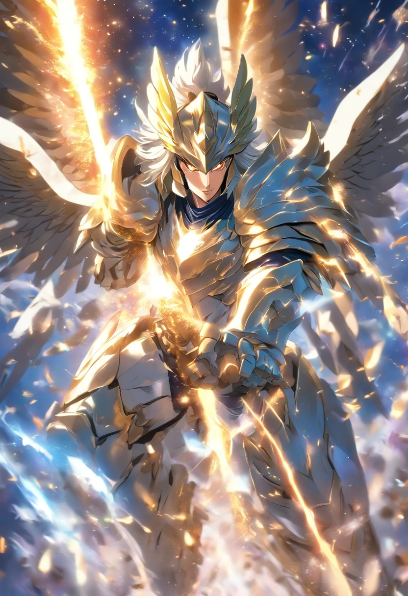 Warriors dressed in Pegasus' silver delicate armor burn the small universe,Burst out with amazing power, At the same time, shoot forward at the speed of light the Pegasus meteor swarm,The scene is impressive