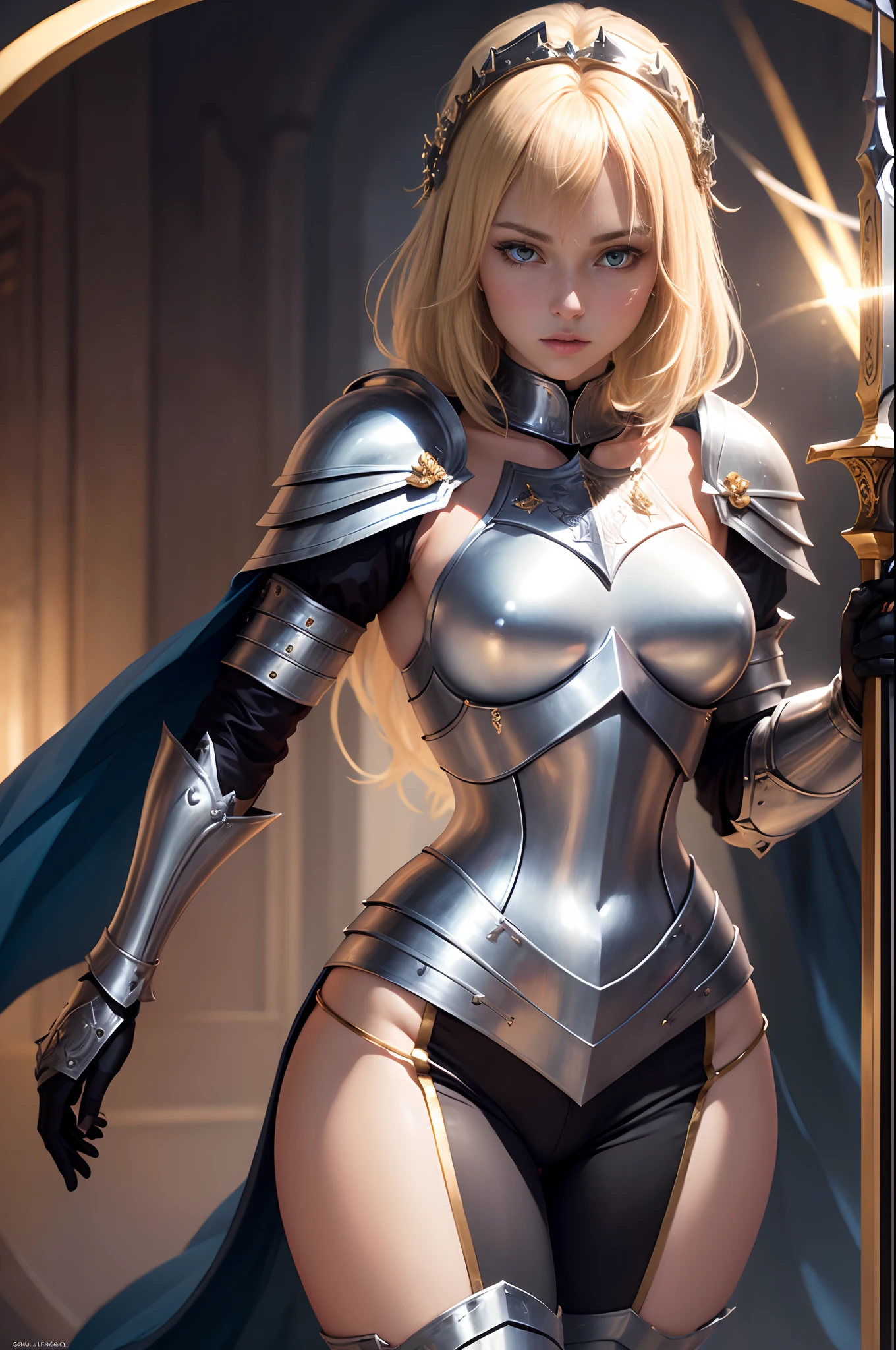 8K,Blonde sexy mature holy knight in sexy holy armor、Sexy mature holy knight with big sword、(Face like the real thing) Blonde Bob Hair Sexy muscular slender body muscular slender lower body Black pants Silver Leg Armor Dark Fantasy Paladin、Portrait of the Holy Knight、Beautiful female holy knight、Charming Female Holy Knight、Holy Knight with a Sword、Holy Knight Character Beautiful expression 超A high resolution real looking skin A sexy Golden decoration Blue glowing eyes
