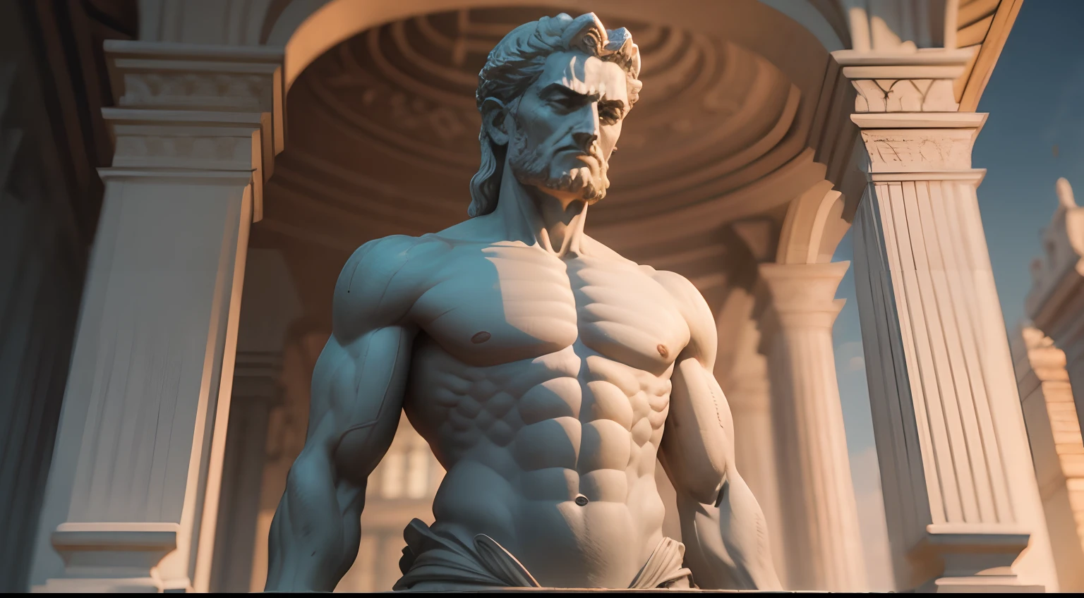 Ancient Stoic statue, with an expression of anger, usando manto e tunica longo sobre todo o corpo, Na Noite escura, ao ceu aberto, arquitetura grega antiga de fundo, 35 mm, lateralmente, Filmado em Sony A7S III com Sony FE 35mm f/1.8, 12.1 MP, --AR 3:2 --estilo cru