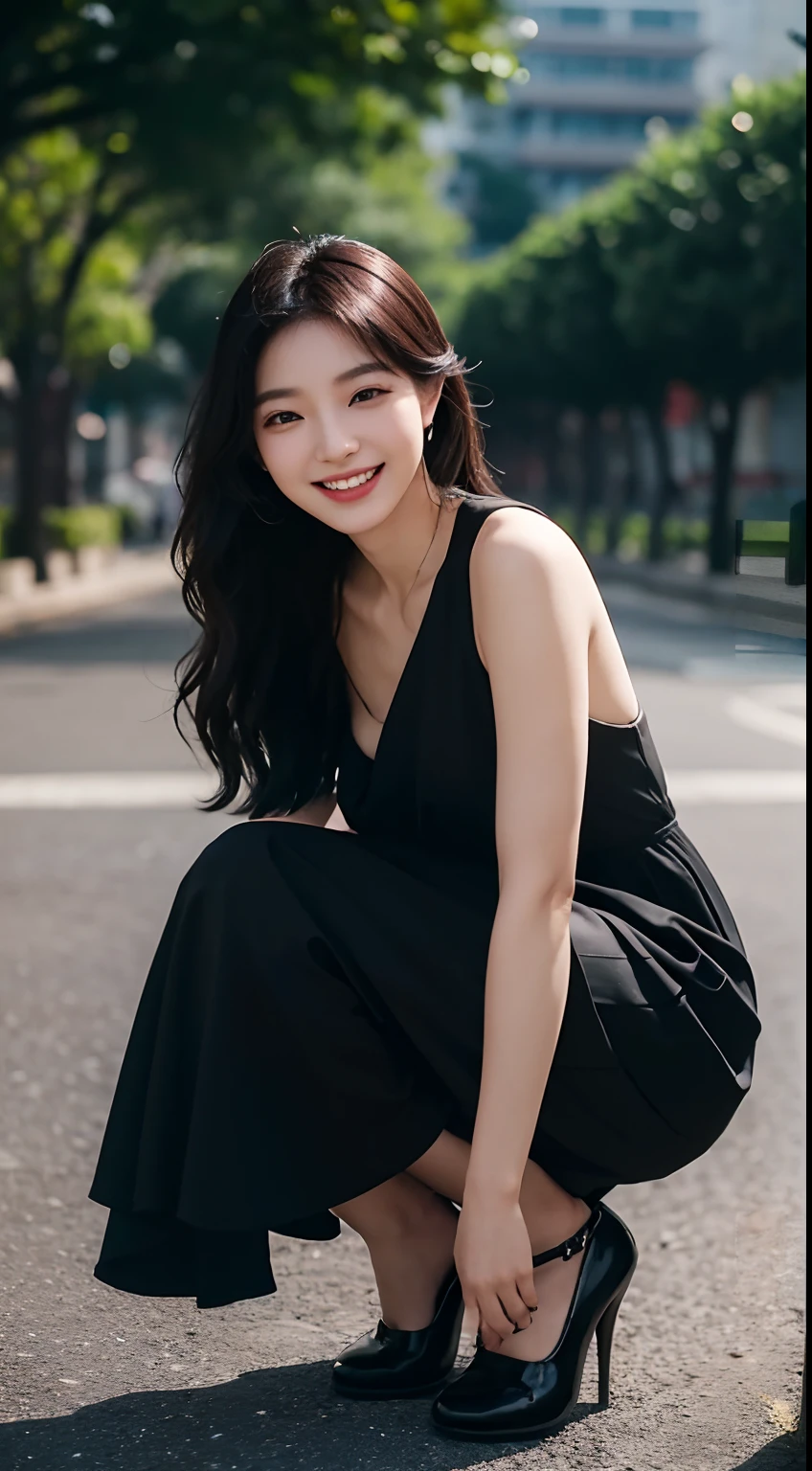 araffe woman in a black dress and black shoes posing for a picture, korean girl, lovely smile, beautiful and smiling, charming smile, profile pic, young asian girl, xintong chen, korean woman, jaeyeon nam, profile picture, she expressing joy, 8k 50mm iso 10, chiho, inspired by Kim Jeong-hui