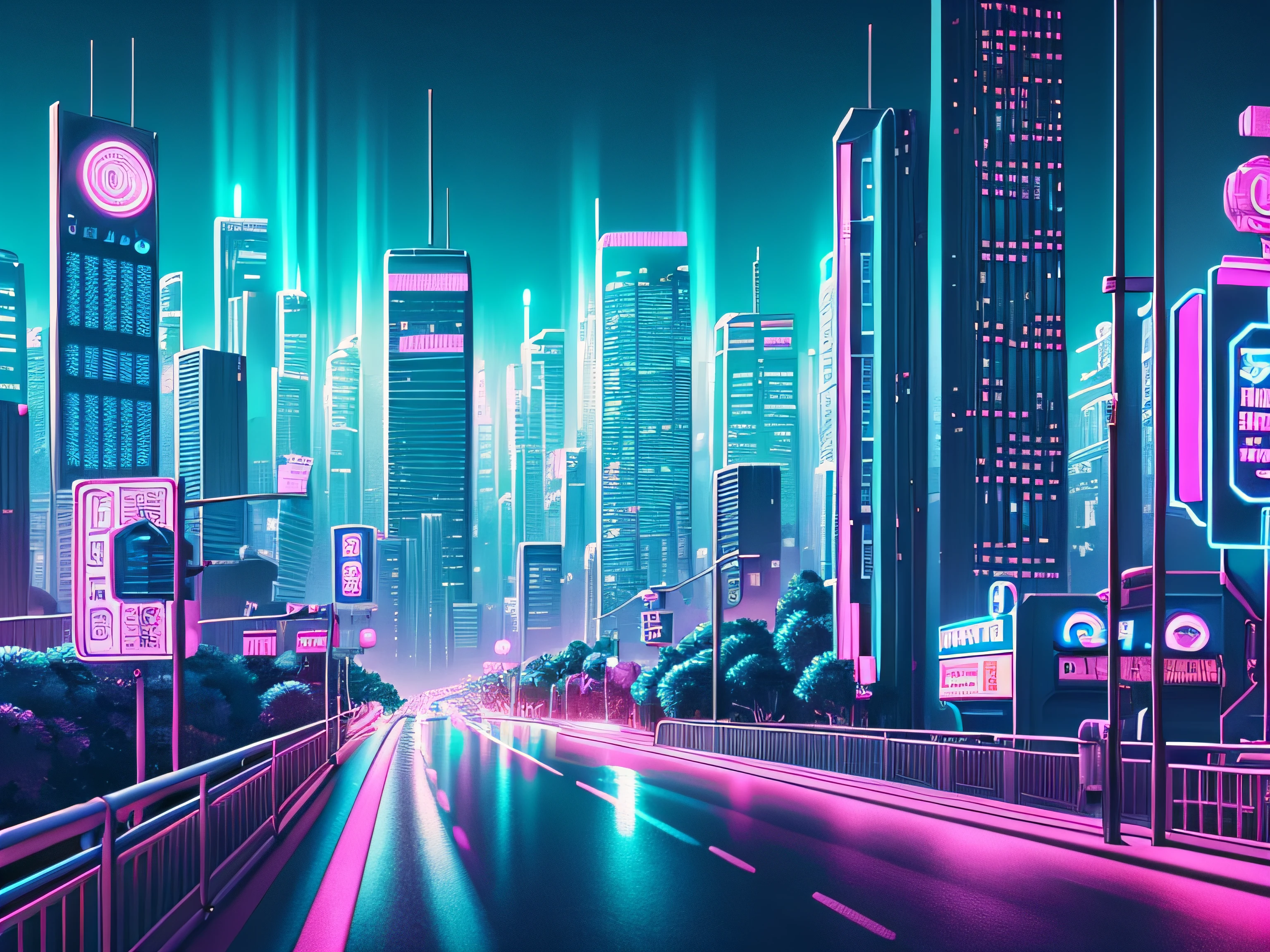 ((masterpiece)), (ultra-detailed), (intricate details), (high resolution CGI artwork 8k), Create an image of a small retro-futuristic and realistic vaporwave cyberpunk (bedroom) at night time. One of the walls should feature a big window with a busy, colorful, and detailed (cyberpunk), synthwave, neon cityscape. The city should have a futuristic style with lots of colors, neon lights, signs, and differently-sized buildings. The cityscape should be extremely detailed with depth of field. The city should have a lot of visual interest with many small details. Utilize atmospheric and ambient lighting to create depth and evoke the feel of a busy futuristic city outside the window. Pay close attention to details like intricate, hires eyes and 90s bedroom accents. Camera: wide shot showing the bed or desk and the window. The window should be the focal point of the image. Lighting: use atmospheric and volumetric lighting to enhance the cityscape details. The room should be illuminated by the neon lights from the cityscape.