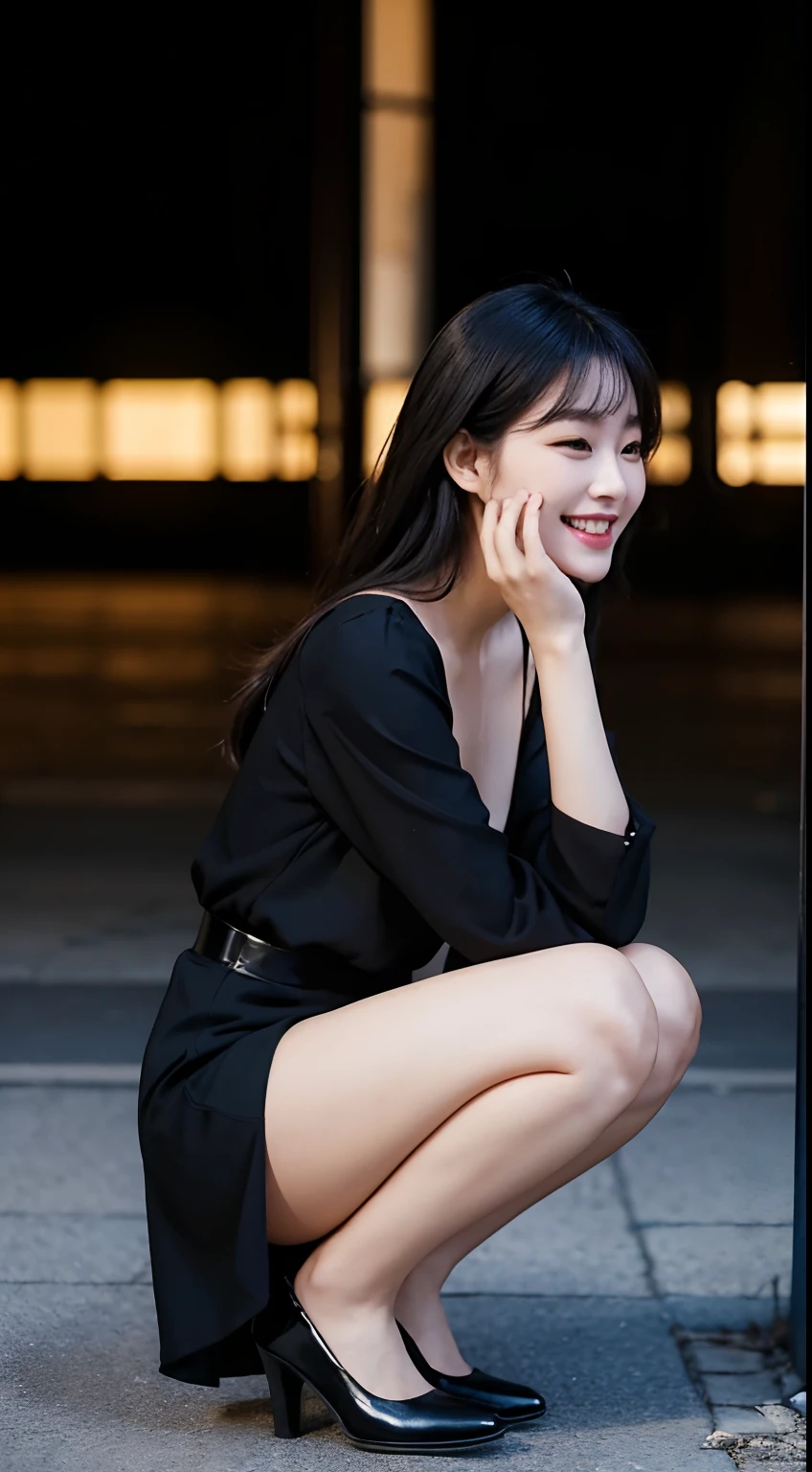 araffe woman in a black dress and black shoes posing for a picture, korean girl, lovely smile, beautiful and smiling, charming smile, profile pic, young asian girl, xintong chen, korean woman, jaeyeon nam, profile picture, she expressing joy, 8k 50mm iso 10, chiho, inspired by Kim Jeong-hui