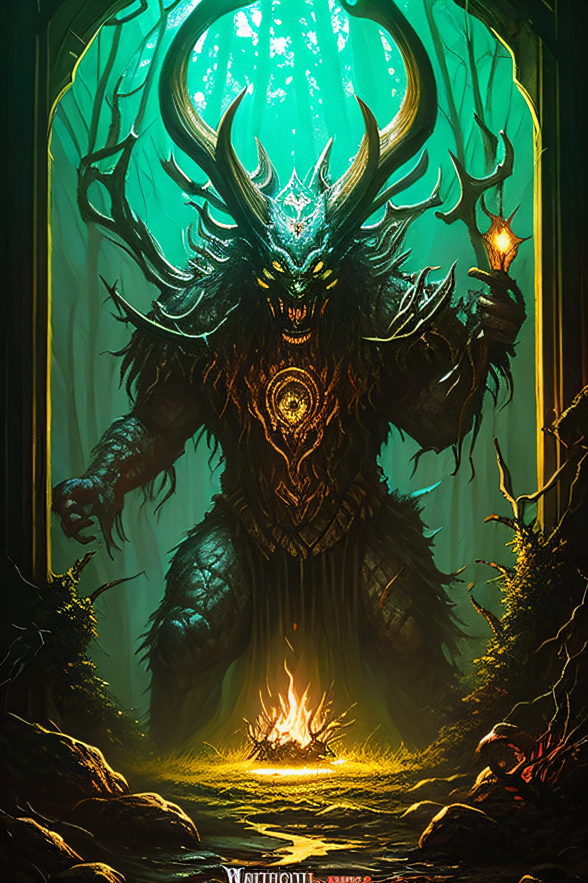 pintura de um monstro em uma floresta com uma luz amarela, fiend folio, criatura sinistra escondendo detalhado, one a demon - like creature, one a demon-like creature, Magic the Gathering Card Art, Chtulhu, an ominous fantasy illustration, Wendigo, Escuro, MTG Arte, magic the gathering concept art, unholy abomination, criatura assustadora