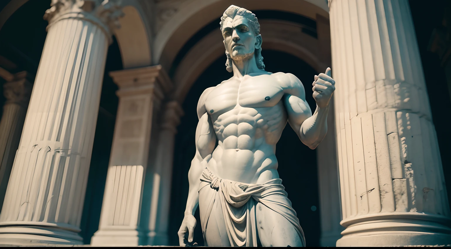 Ancient Stoic statue, with an expression of anger, usando manto e tunica longo sobre todo o corpo, Na Noite escura, ao ceu aberto, arquitetura grega antiga de fundo, 35 mm, lateralmente, Filmado em Sony A7S III com Sony FE 35mm f/1.8, 12.1 MP, --AR 3:2 --estilo cru