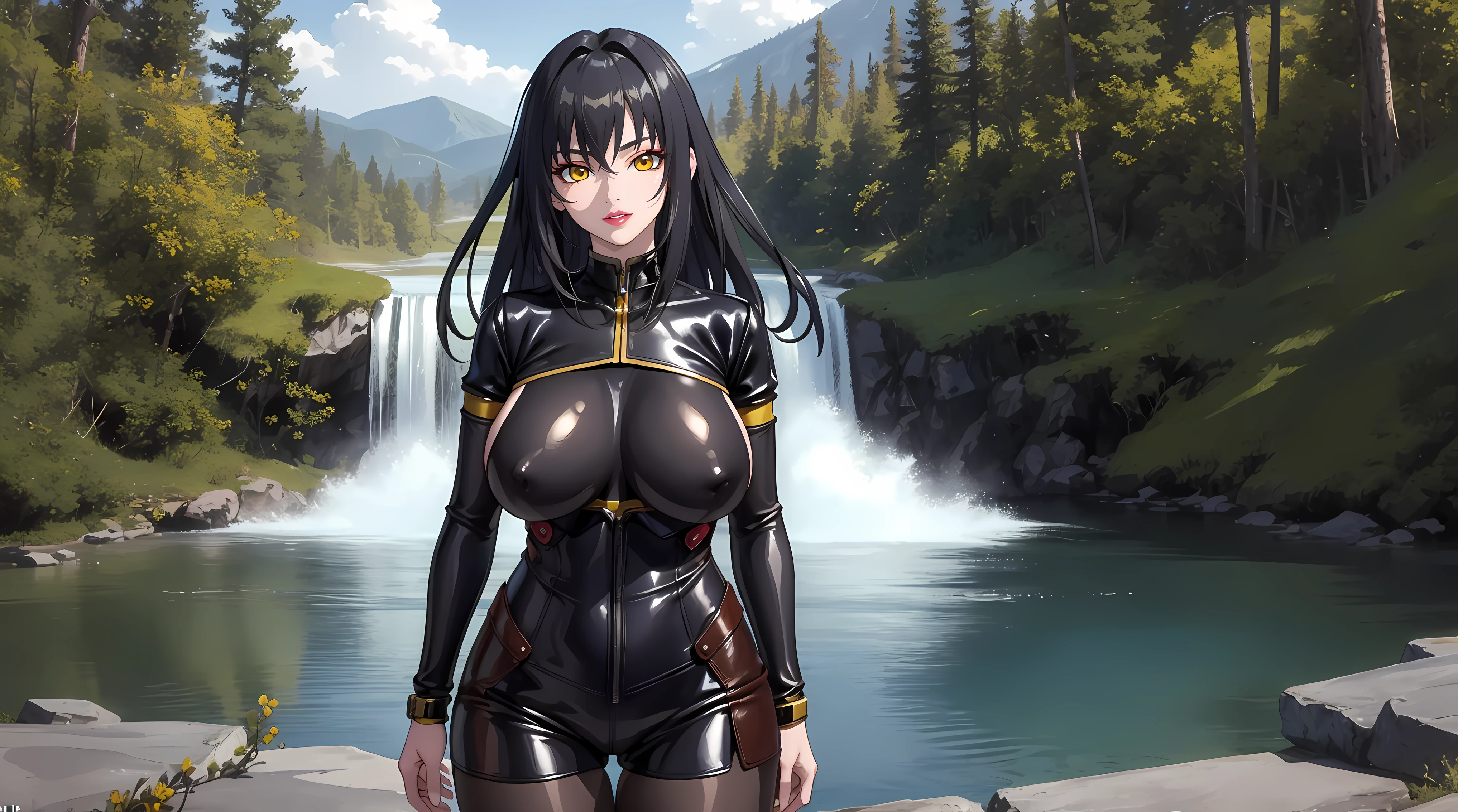 (masterpiece:1.4),(best quality:1.4), soft lighting, sunny light, beautiful face, beautiful eyes, cowboy shot,
Annerose, 1girl, solo, female mature, black hair, long hair, (yellow eyes:1.4), large breasts, bodysuit leather, skin tight, hair intakes, covered breasts, exquisite eyes detail, exquisite character design unity details 8k hdr, professional art, landscape, (solo:1.5, cowboy shot:1.5), day, stand in the middle of lake surrounding by waterfall natural, sexy body, milf, 35 years old girl, big thighs, sexy waist, fully covered breasts