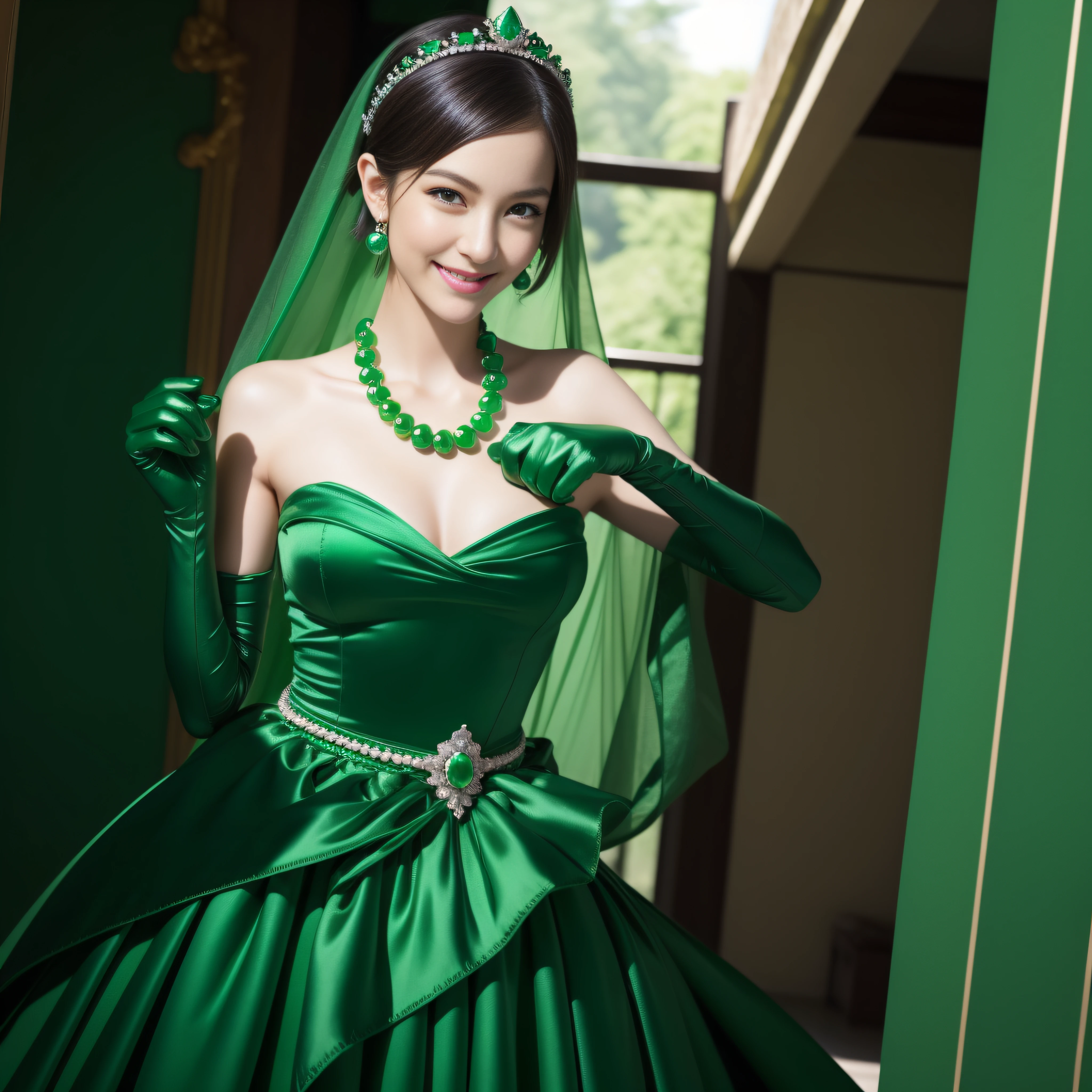 emerald tiara, Green Pearl Necklace, Boyish very short green hair, lipsticks, Japan woman smiling, very short short hair, fist, big breasts beautiful, Green eyes, Long green gloves made of satin material, Green eyes, Emerald Earrings