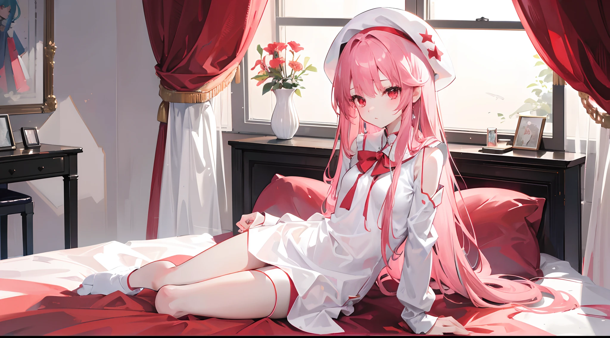 1girl, long pink hair, red eyes, sleepy, one eye closed, slim body, small chest size, wearing white dress with red beret hat slightly messed up, sitting on bed in room like student dorm, absurdres, high res, ultrasharp, 8K, masterpiece, looking at viewer