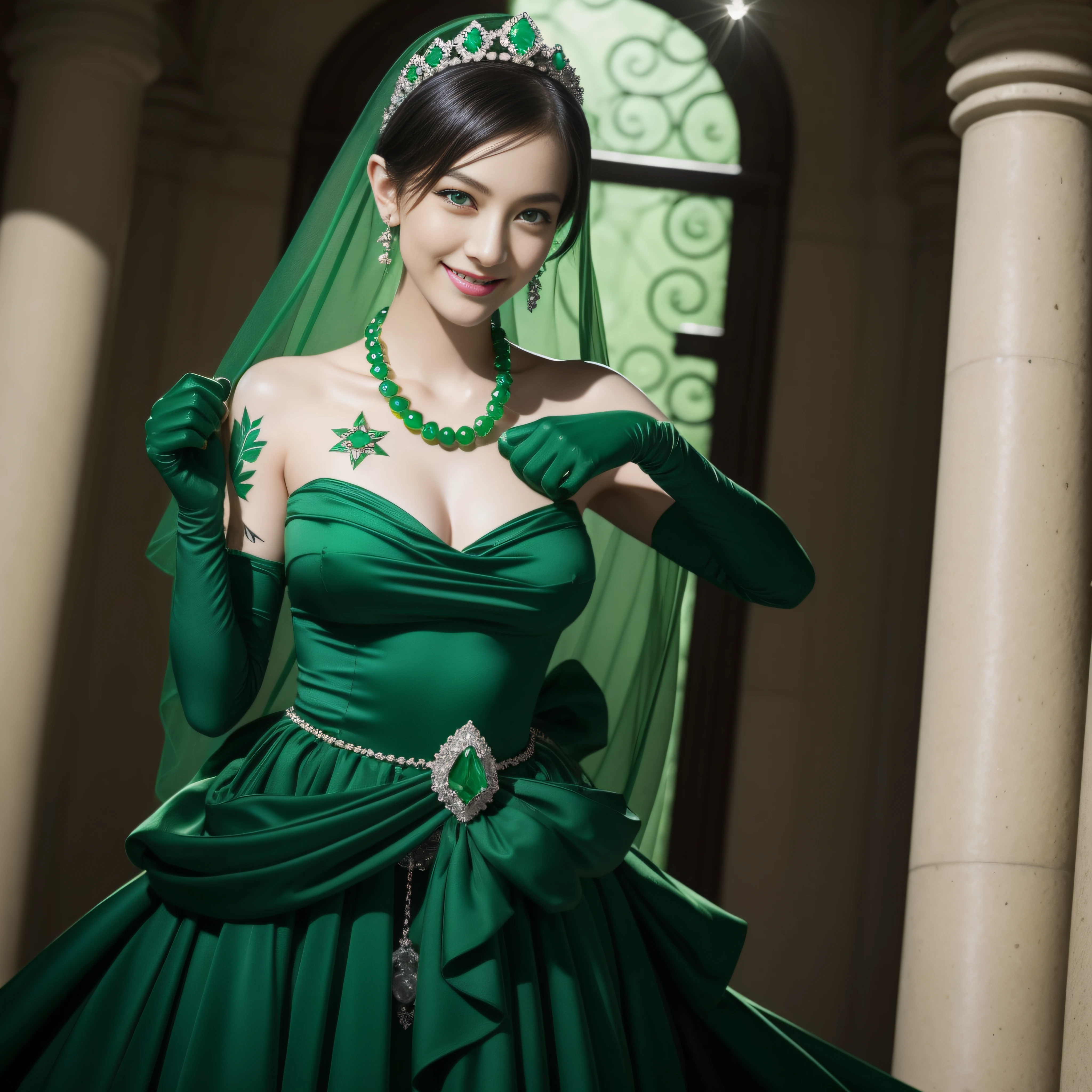 emerald tiara, Green Pearl Necklace, Boyish very short black hair, lipsticks, Japan woman smiling, very short short hair, fist, big breasts beautiful, Green eyes, Long green gloves made of satin material, Green eyes, Emerald Earrings, The tattoo