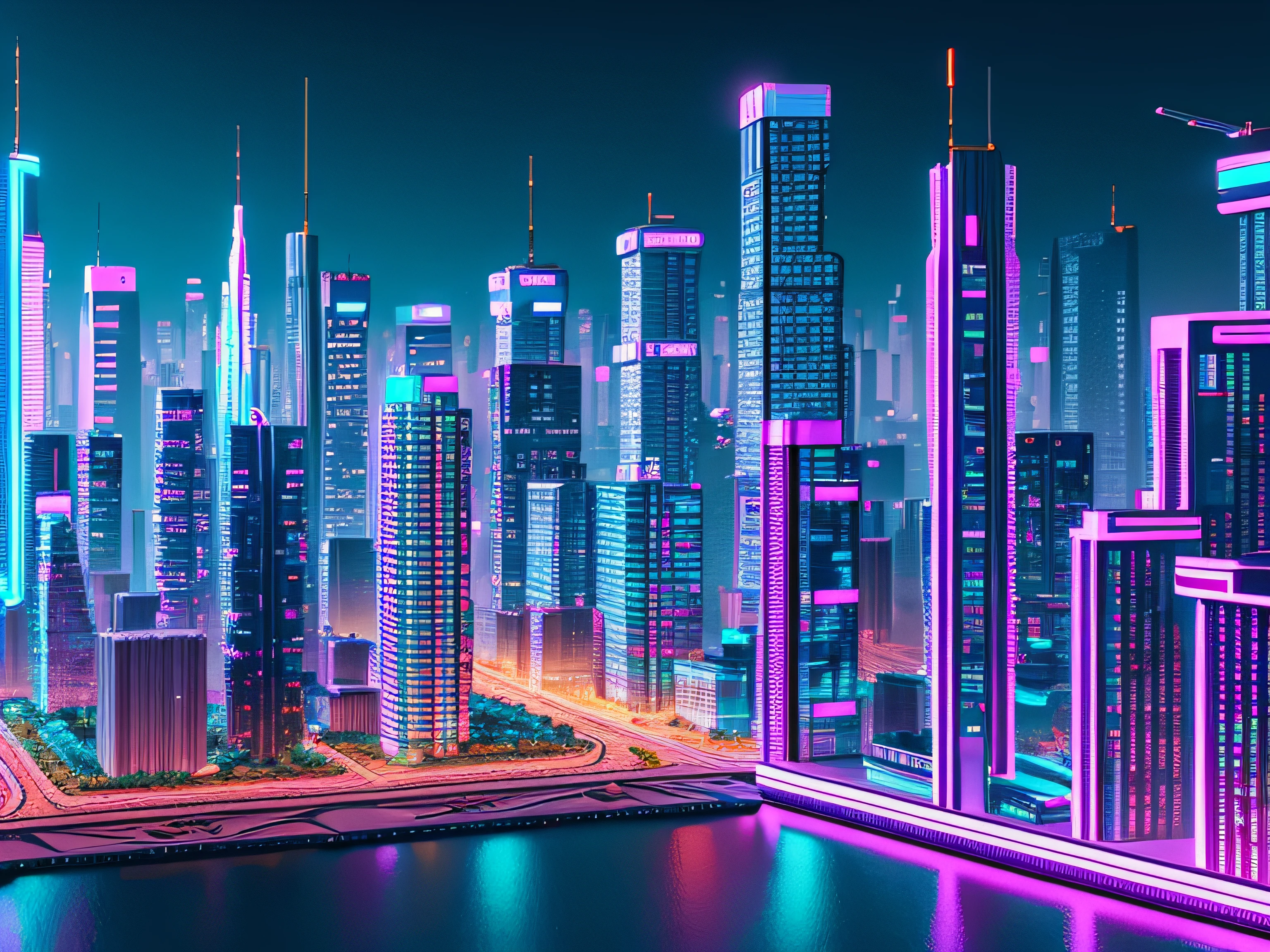 ((masterpiece)), (ultra-detailed), (intricate details), (high resolution CGI artwork 8k), Create an image of a small retro-futuristic and realistic vaporwave cyberpunk (bedroom) at night time. One of the walls should feature a big window with a busy, colorful, and detailed (cyberpunk), synthwave, neon cityscape. The city should have a futuristic style with lots of colors, neon lights, signs, and differently-sized buildings. The cityscape should be extremely detailed with depth of field. The city should have a lot of visual interest with many small details. Utilize atmospheric and ambient lighting to create depth and evoke the feel of a busy futuristic city outside the window. Pay close attention to details like intricate, hires eyes and 90s bedroom accents. Camera: wide shot showing the bed or desk and the window. The window should be the focal point of the image. Lighting: use atmospheric and volumetric lighting to enhance the cityscape details. The room should be illuminated by the neon lights from the cityscape.