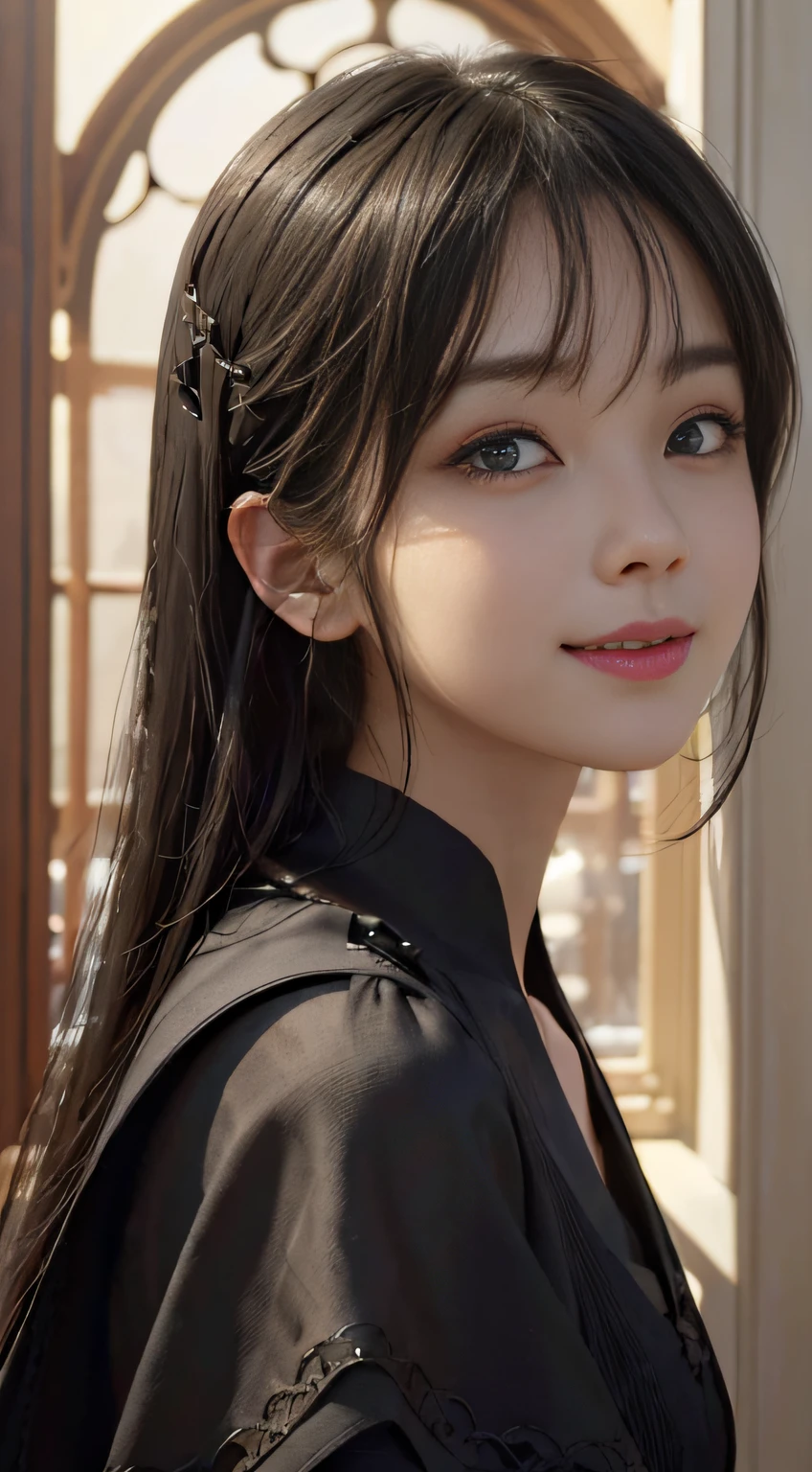 (A hyper-realistic)、()、(hight resolution)、(in 8K)、(ighly detailed)、(detailed)、(beautifully detailed eyes)、(top-quality)、(ultra-detailliert)、(masterpiece)、(wall-paper)、(A detailed face)、独奏、((1 girl in))、looking at viewert、fine detailed、A detailed face、、deep-shadows、lowkey、pureerosfaceace_、(a smile:tusk)、、Black shawl straight hair、46-point diagonal bangs
