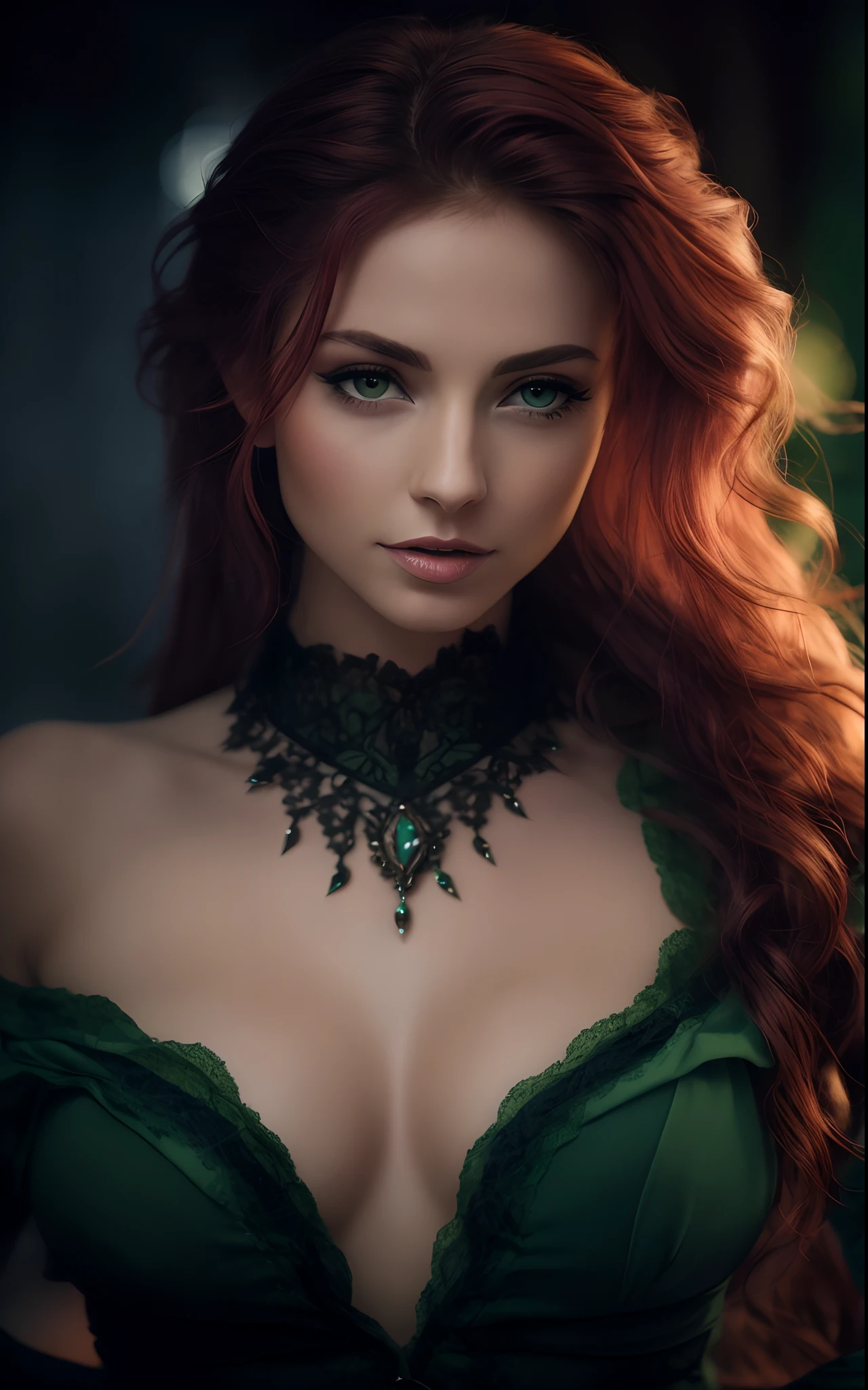 arafed woman with red hair and green bralet posing for a picture, sexy girl with green eyes, alluring mesmer woman, photo of a beautiful woman, beautiful fantasy portrait, soft portrait shot 8 k, portrait of very beautiful elf, with red hair and green eyes, very beautiful elven top model, fantasy portrait, beautiful redhead woman, outside, sun, beach, wonderful day