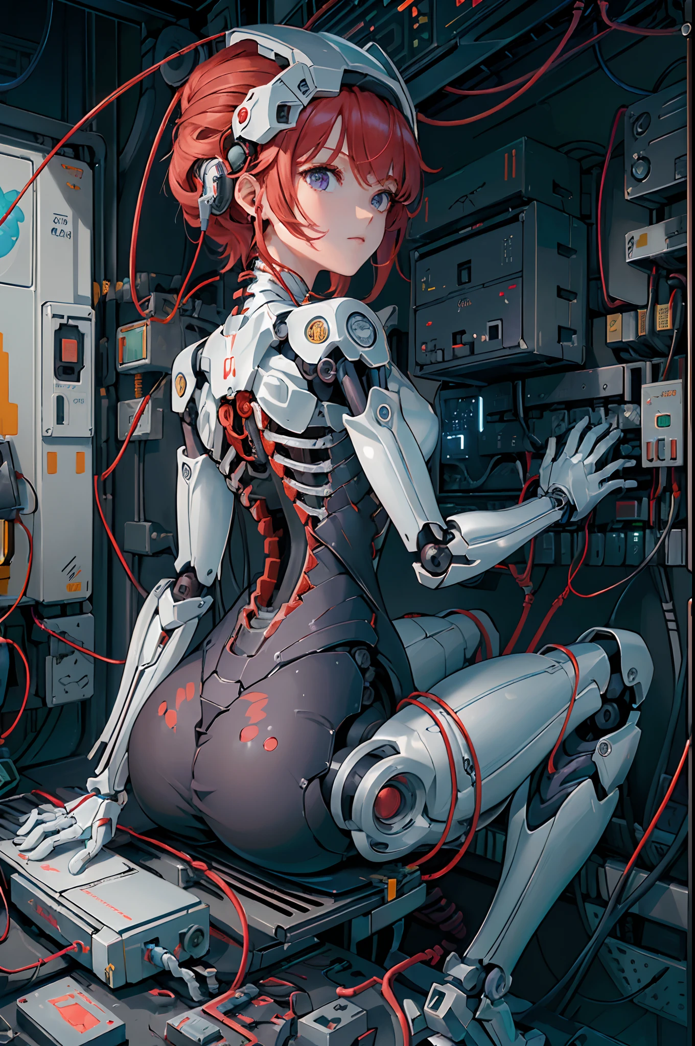 (((master part))), (((best quality))), ((ultra-detalhado)), (Highly detailed CG illustration), ((um extremamente delicado e bonito)),(bonito rosto delicado),Cinematic light,((1Mechanical girl)),sozinho,corpo inteiro, (red hair), Purple eyes, (machine made joints:1.4),((machanical limbs)),(Removed muscles),(Blood Vessels Attached to Tubes),(A brain in container:1.3),((mechanical vertebra attaching to back)),((mechanical cervial attaching to neck)),((sentado)),no expression,(wires and cables for attachment to the head and body:1.5),seios pequenos,short hair,(foco no personagem),science fiction