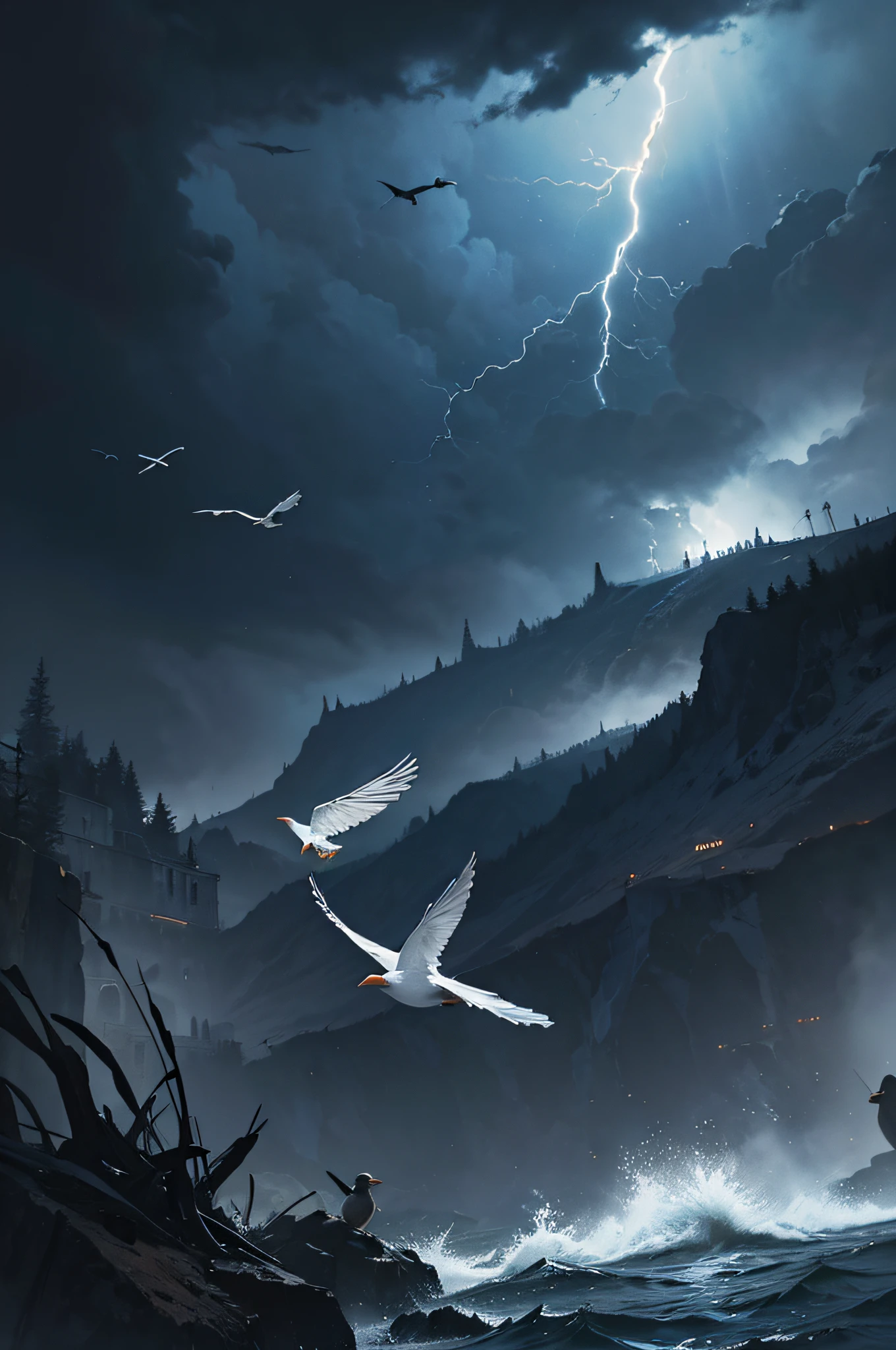 masterpiece, best quality, ((bird made of lighning)), flying in the sky, dark, stormy sky, lightning