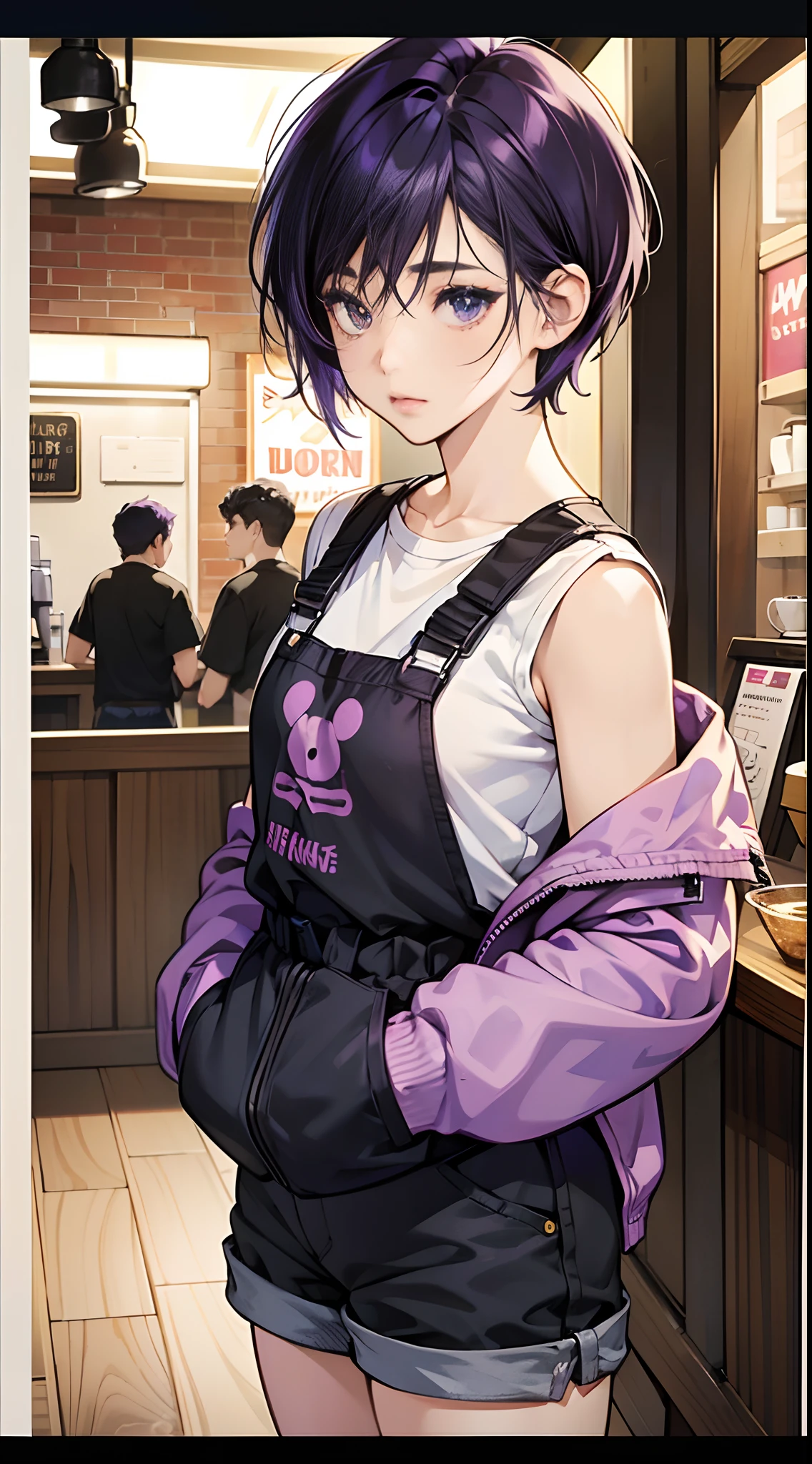 (Best Quality,4K,High resolution), girl with, Purple mesh hair on black hair, Bery short hair, disheveled short hair,  deadpan， Coveralls，short pants，Comical appearance，Coffee shop background，，comic strip，animesque，Comical illustration，Deformed cute illustration，Looking at the camera，Look into your audience
