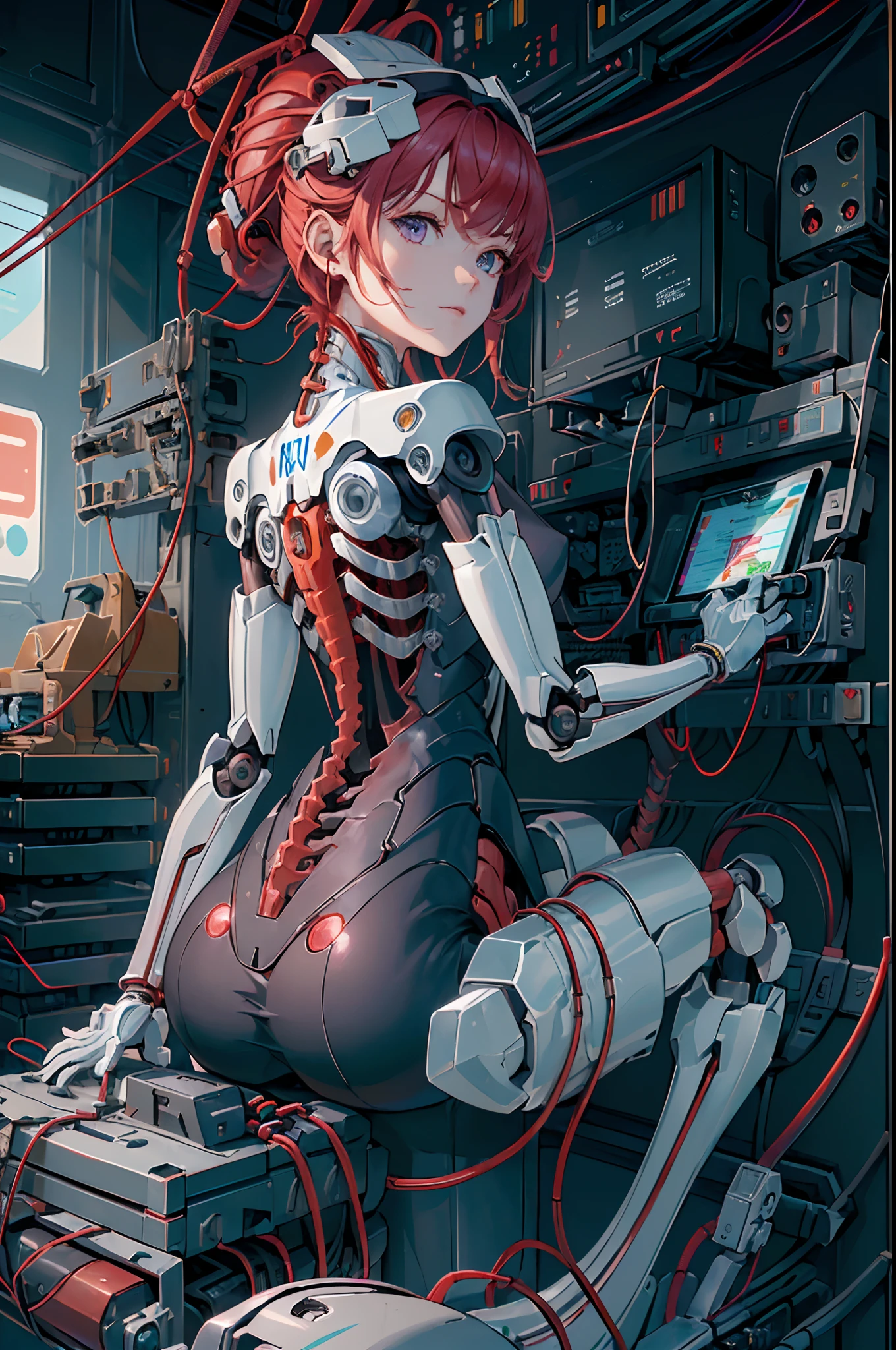 (((master part))), (((best quality))), ((ultra-detalhado)), (Highly detailed CG illustration), ((um extremamente delicado e bonito)),(bonito rosto delicado),Cinematic light,((1Mechanical girl)),sozinho,corpo inteiro, (red hair), Purple eyes, (machine made joints:1.4),((machanical limbs)),(Removed muscles),(Blood Vessels Attached to Tubes),(A brain in container:1.3),((mechanical vertebra attaching to back)),((mechanical cervial attaching to neck)),((sentado)),no expression,(wires and cables for attachment to the head and body:1.5),seios pequenos,short hair,(foco no personagem),science fiction