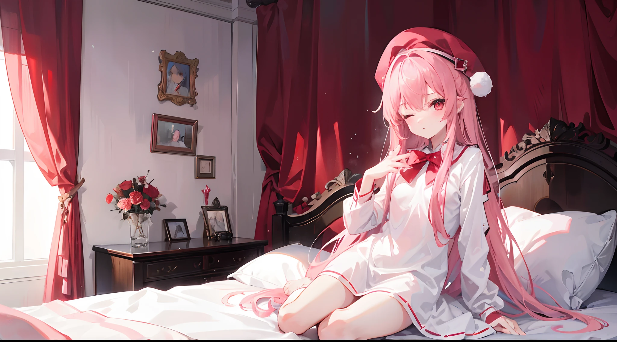 1girl, long pink hair, red eyes, sleepy, one eye closed, slim body, small chest size, wearing white dress with red beret hat slightly messed up, sitting on bed in room like student dorm, absurdres, high res, ultrasharp, 8K, masterpiece, looking at viewer