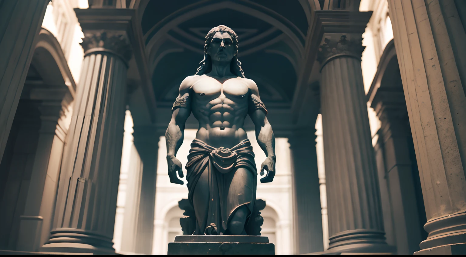 Ancient Stoic statue, with an expression of anger, usando manto e tunica longo sobre todo o corpo, Na Noite escura, ao ceu aberto, arquitetura grega antiga de fundo, 35 mm, lateralmente, Filmado em Sony A7S III com Sony FE 35mm f/1.8, 12.1 MP, --AR 3:2 --estilo cru