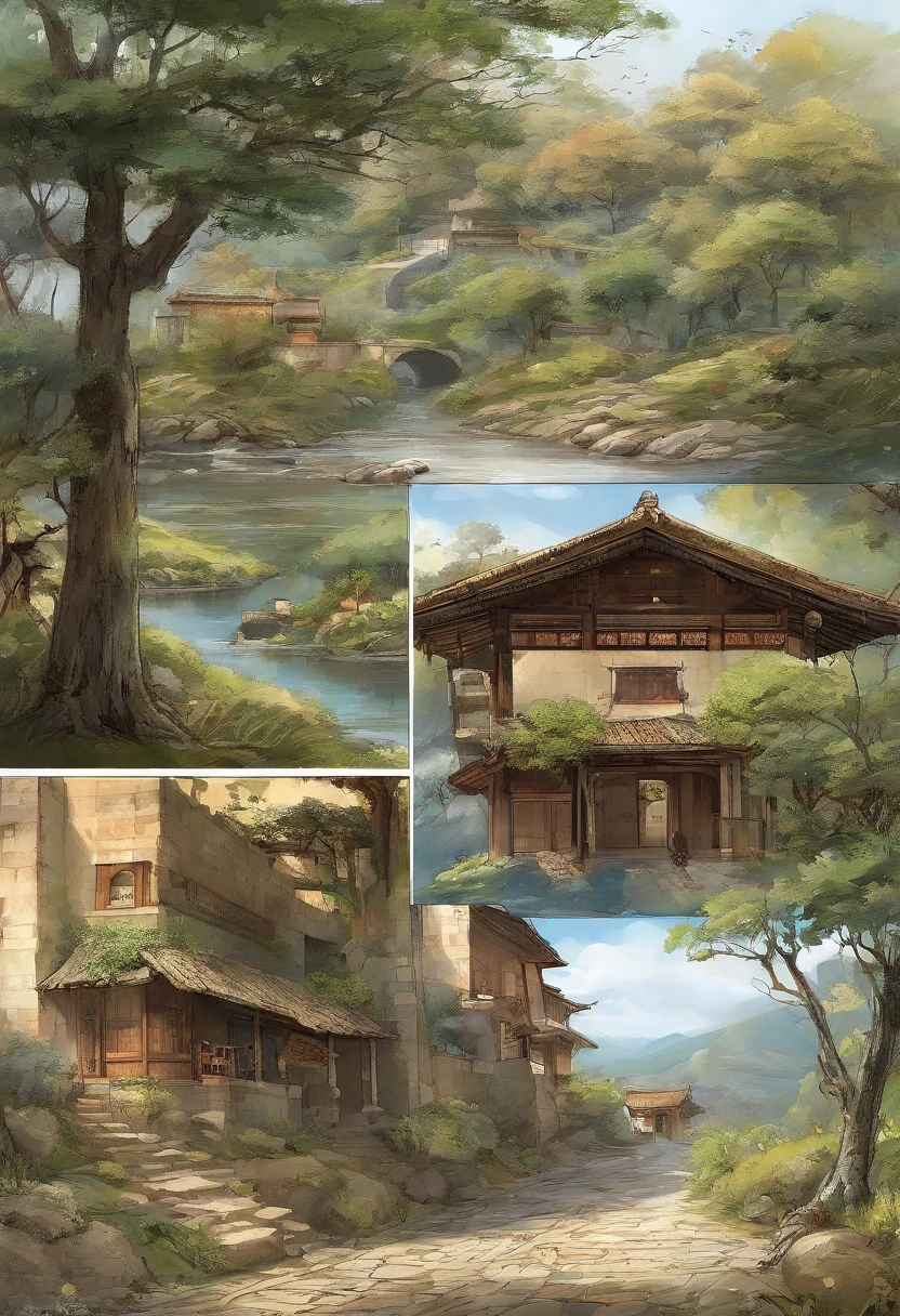 （（（Comic storyboard））），comic strip，Two-dimensional picture，Manhwa Style，Makoto Shinkai animation style，Makoto Shinkai animation film art style，Ultra-wide angle of view，China-style，Ancient road west wind thin horse，Faraway view，Vivid and bright colors，super-fine，ultra - detailed，high qulity，8K ，oc rendered，dynamic viewing angle，Hyper Real，Ultra photo realsisim