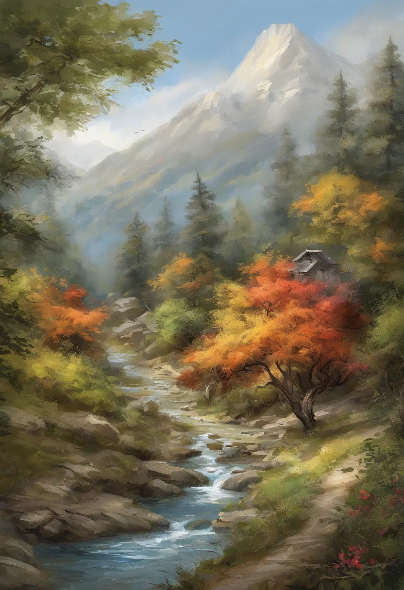 A painting of a mountain stream with a cabin in the background - SeaArt AI