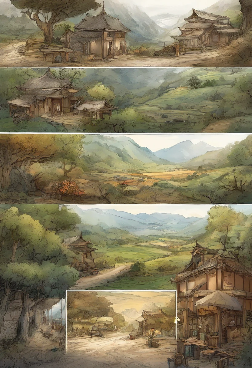 (((Comic storyboard))),comic strip,Two-dimensional picture,Manhwa Style,Makoto Shinkai animation style,Makoto Shinkai animation film art style,Ultra-wide angle of view,China-style,Ancient road west wind thin horse,Faraway view,Vivid and bright colors,super-fine,ultra - detailed,high qulity,8K ,oc rendered,dynamic viewing angle,Hyper-realistic,Hyper Real,Ultra photo realsisim