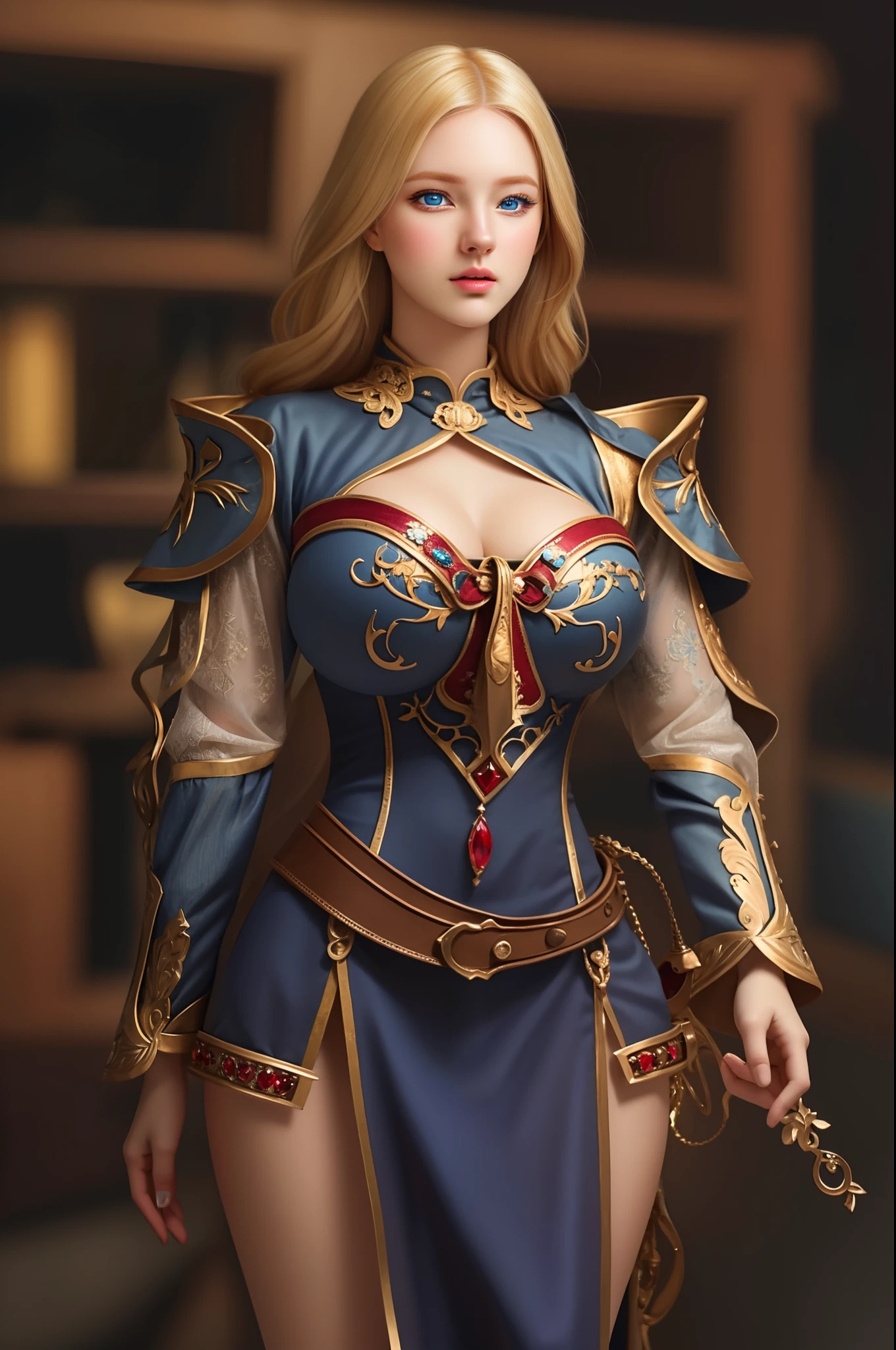(hyperrealistic), (illustration), (high resolution), (8K), (extremely detailed), (best illustration), (beautiful detailed eyes), (best quality), (ultra-detailed), (masterpiece), (wallpaper), (photorealistic), (natural light), (rim lighting), (detailed face), (high detailed realistic skin texture), (anatomically correct), (solo), (1 girl), (high detailed realistic hair), (blonde hair:1.35), (heterochromic eyes), (detailed eyes), (blue eyes:1.37), (sparkling eyes), (realistic big breasts:1.5), (exposed  breasts:1.35), (long legs), (slender abs), (dynamic pose), (closed tiny mouth:1.3), nsfw, concentrated expression.