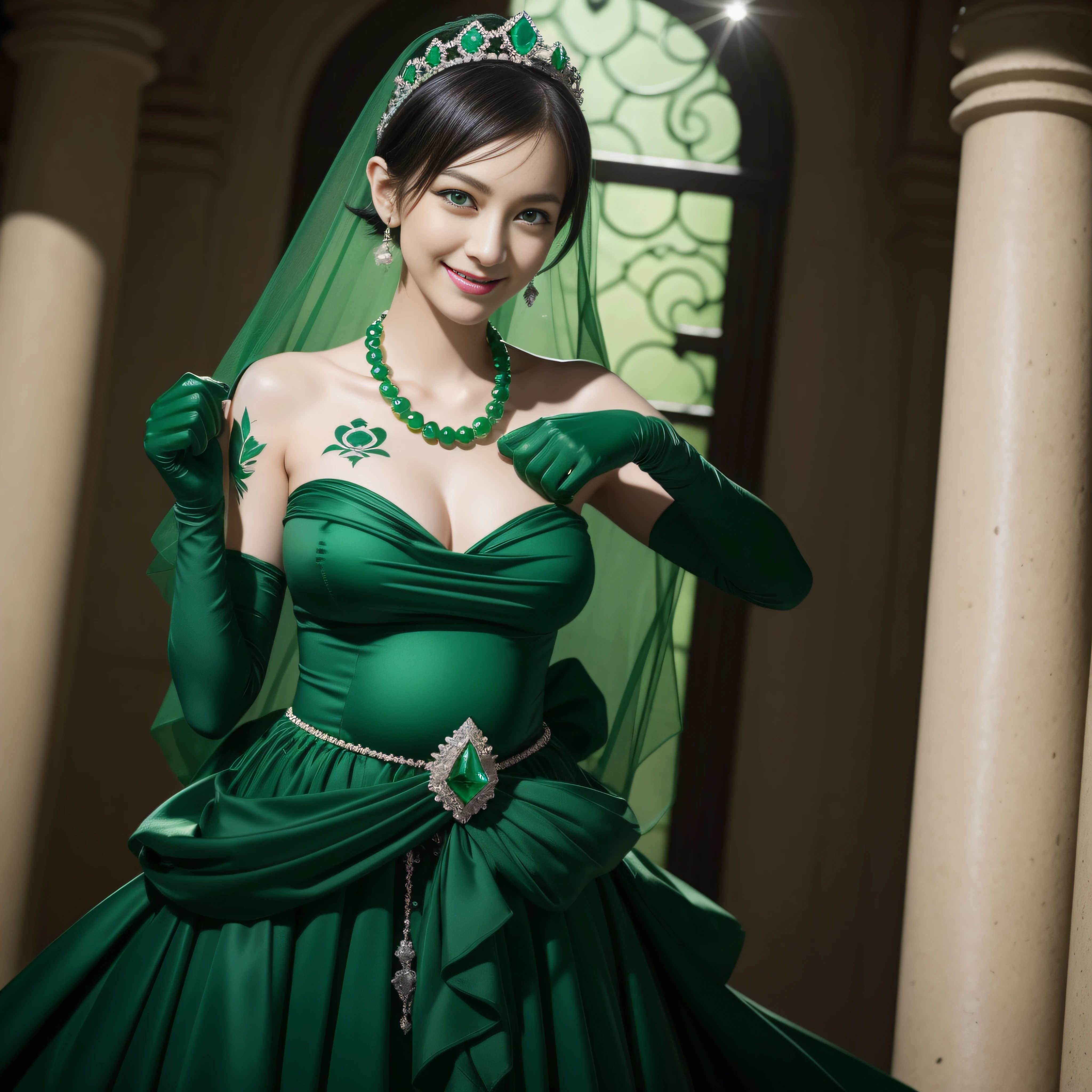 emerald tiara, Green Pearl Necklace, Boyish very short black hair, lipsticks, Japan woman smiling, very short short hair, fist, big breasts beautiful, Green eyes, Long green gloves made of satin material, Green eyes, Emerald Earrings, Pregnancy, Pregnant Woman, The tattoo, The tattoo