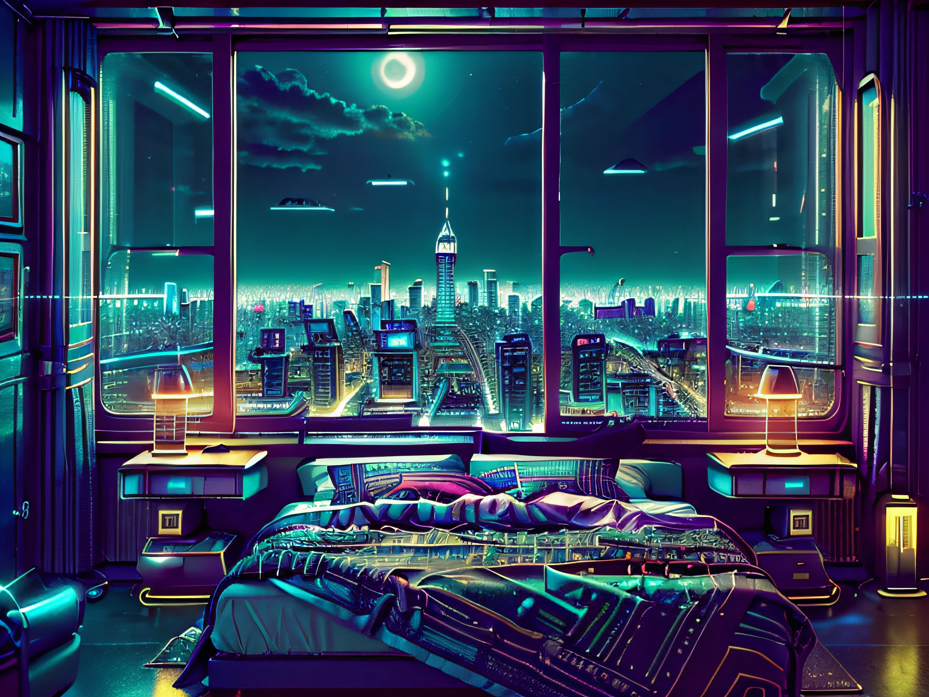 ((masterpiece)), (ultra-detailed), (intricate details), (high resolution CGI artwork 8k), Create an image of a small retro-futuristic and realistic vaporwave cyberpunk (bedroom) at night time. One of the walls should feature a big window with a busy, colorful, and detailed (cyberpunk), synthwave, neon cityscape. The city should have a futuristic style with lots of colors, neon lights, signs, and differently-sized buildings. The cityscape should be extremely detailed with depth of field. The city should have a lot of visual interest with many small details. Utilize atmospheric and ambient lighting to create depth and evoke the feel of a busy futuristic city outside the window. Pay close attention to details like intricate, hires eyes and 90s bedroom accents. Camera: wide shot showing the bed or desk and the window. The window should be the focal point of the image. Lighting: use atmospheric and volumetric lighting to enhance the cityscape details. The room should be illuminated by the neon lights from the cityscape.