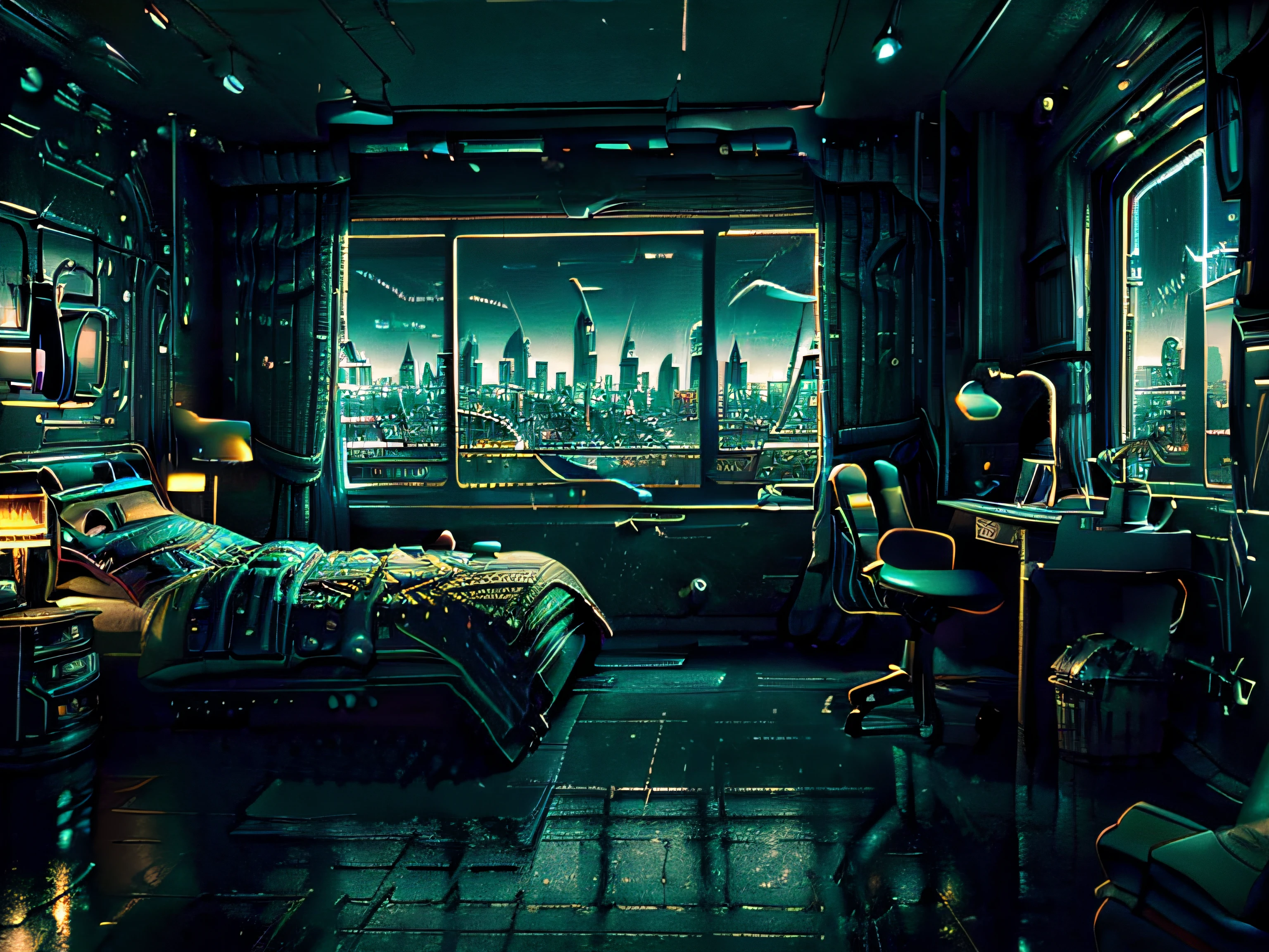 ((masterpiece)), (ultra-detailed), (intricate details), (high resolution CGI artwork 8k), Create an image of a small retro-futuristic and realistic vaporwave cyberpunk (bedroom) at night time. One of the walls should feature a big window with a busy, colorful, and detailed (cyberpunk), synthwave, neon cityscape. The city should have a futuristic style with lots of colors, neon lights, signs, and differently-sized buildings. The cityscape should be extremely detailed with depth of field. The city should have a lot of visual interest with many small details. Utilize atmospheric and ambient lighting to create depth and evoke the feel of a busy futuristic city outside the window. Pay close attention to details like intricate, hires eyes and 90s bedroom accents. Camera: wide shot showing the bed or desk and the window. The window should be the focal point of the image. Lighting: use atmospheric and volumetric lighting to enhance the cityscape details. The room should be illuminated by the neon lights from the cityscape.
INFO