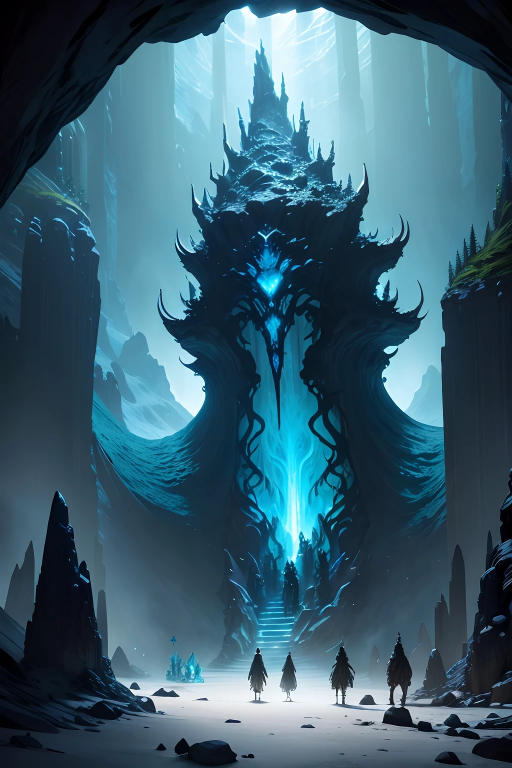 Hall of the mountain king, deep inside a huge bioluminescent cave cavern system, three large humanoid and elf-ling figures loom, pluss the mountain kings throne, darkness bio-light background 24k resolution