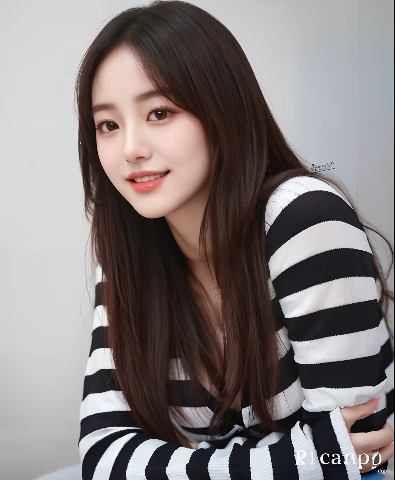 a close up of a woman with long hair and a striped shirt, cindy avelino, leaked image, ruan jia beautiful!, dilraba dilmurat, inspired by Ni Yuanlu, official, official photos, inspired by Kim Du-ryang, actress, joy ang, inspired by Natasha Tan, official photo, inspired by Galen Dara, Best picture quality, masterpiece, ultra high resolution, 8k, cleavage, big boobs, bust detail, hair detail, eye detail, sharp eyes, thin smile, professional lighting