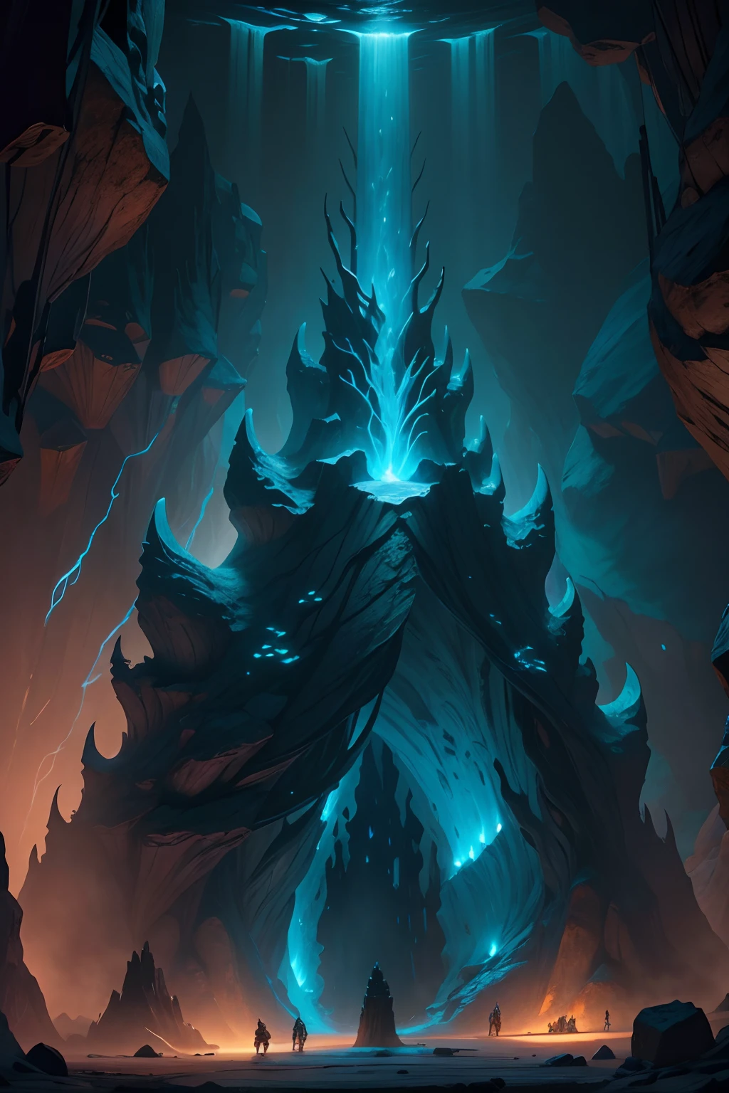Hall of the mountain king, deep inside a huge bioluminescent cave cavern system, three large figures loom, pluss the mountain kings throne, darkness bio-light background 24k resolution