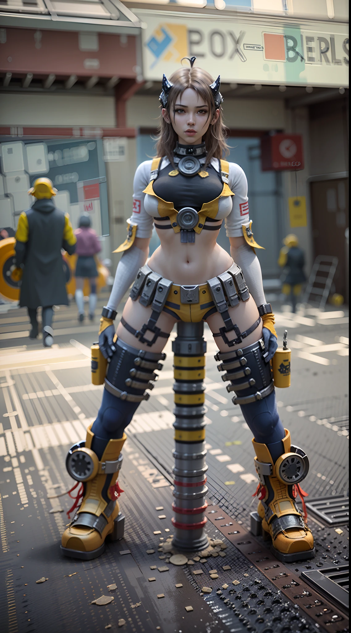 motor irreal:1.4,CG ultra realista 64K, fotorrealista:1.4, textura de la piel:1.4, obra 1girl,gatling gun, shell casing, looking at viewer, bangs, ammunition belt, gloves,breasts,firing,
extreme detailed,highest detailed, optical mixing, playful patterns, lively texture, unique visual effect,o cyberpunk color amarillo, pantimedias red , mini skirt blue,