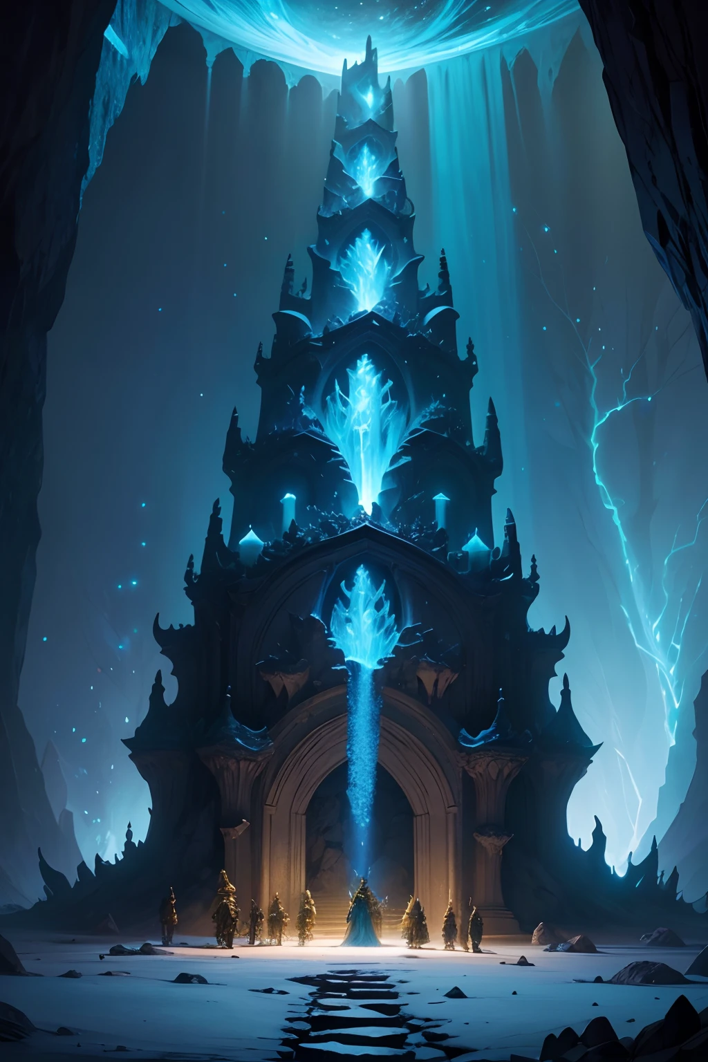 Hall of the mountain king, deep inside a huge bioluminescent cave cavern system, three large figures loom, pluss the mountain kings throne, darkness bio-light background 24k resolution
