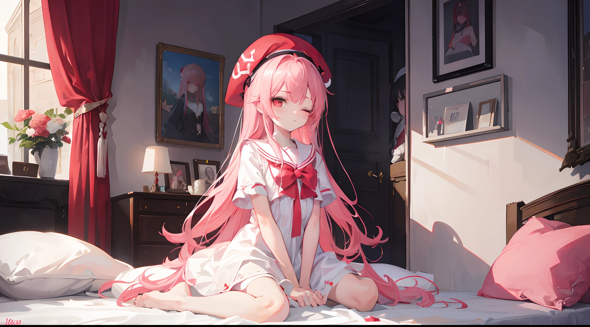 1girl, long pink hair, red eyes, sleepy, one eye closed, slim body, small chest size, wearing white dress, red beret hat, sitting on bed in room like student dorm, pouting, absurdres, high res, ultrasharp, 8K, masterpiece, looking at viewer