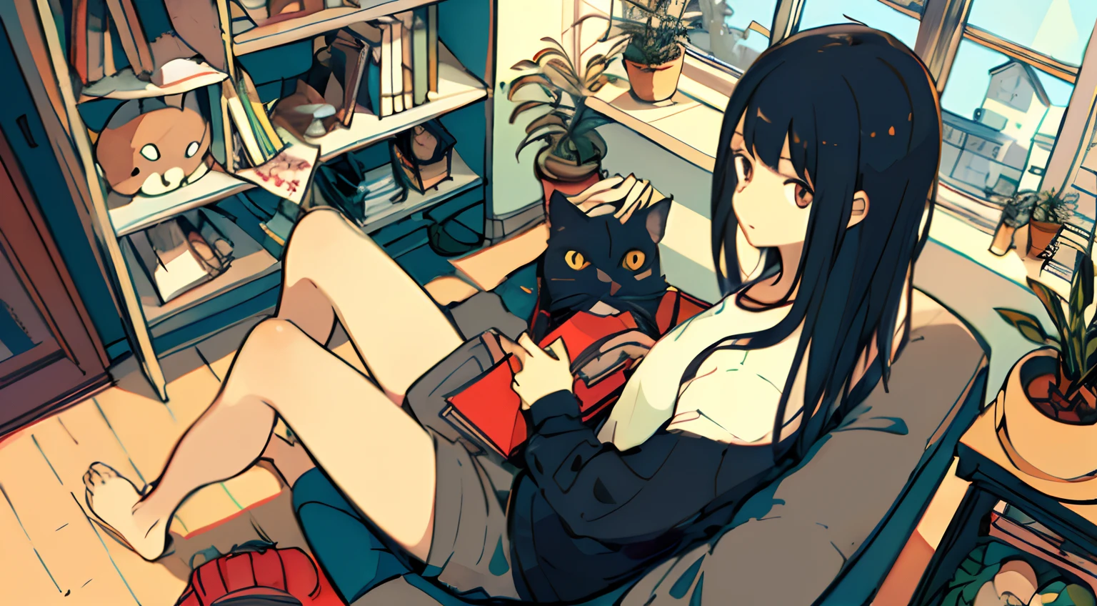 a girls, from above, plant, black hair, cat, lying, indoors, holding, long sleeves, long hair, stuffed toy, potted plant, book, food, window, phone, loaded interior, television, short hair, on back, stuffed animal, bangs, slippers, barefoot, sitting, bookshelf, shelf, cable, computer