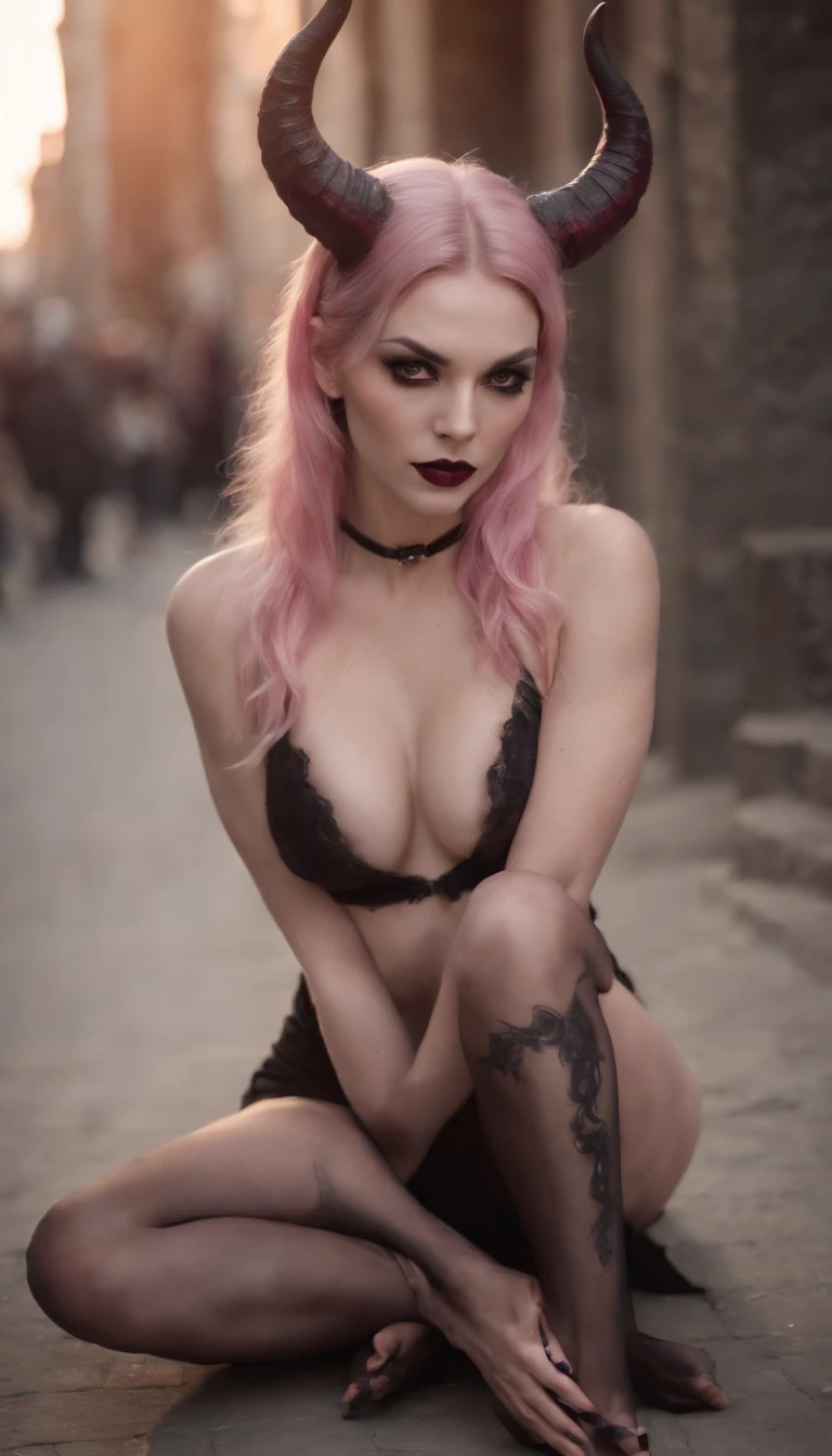 1 succubus, pink skin, tattoo above crotch, sitting with legs apart, on the ground, (touches crotch:1.1), stockings, (demonic horns:1.2), street, sunset, masterpiece, best quality, camel finger, naked, erotic, facing the viewer